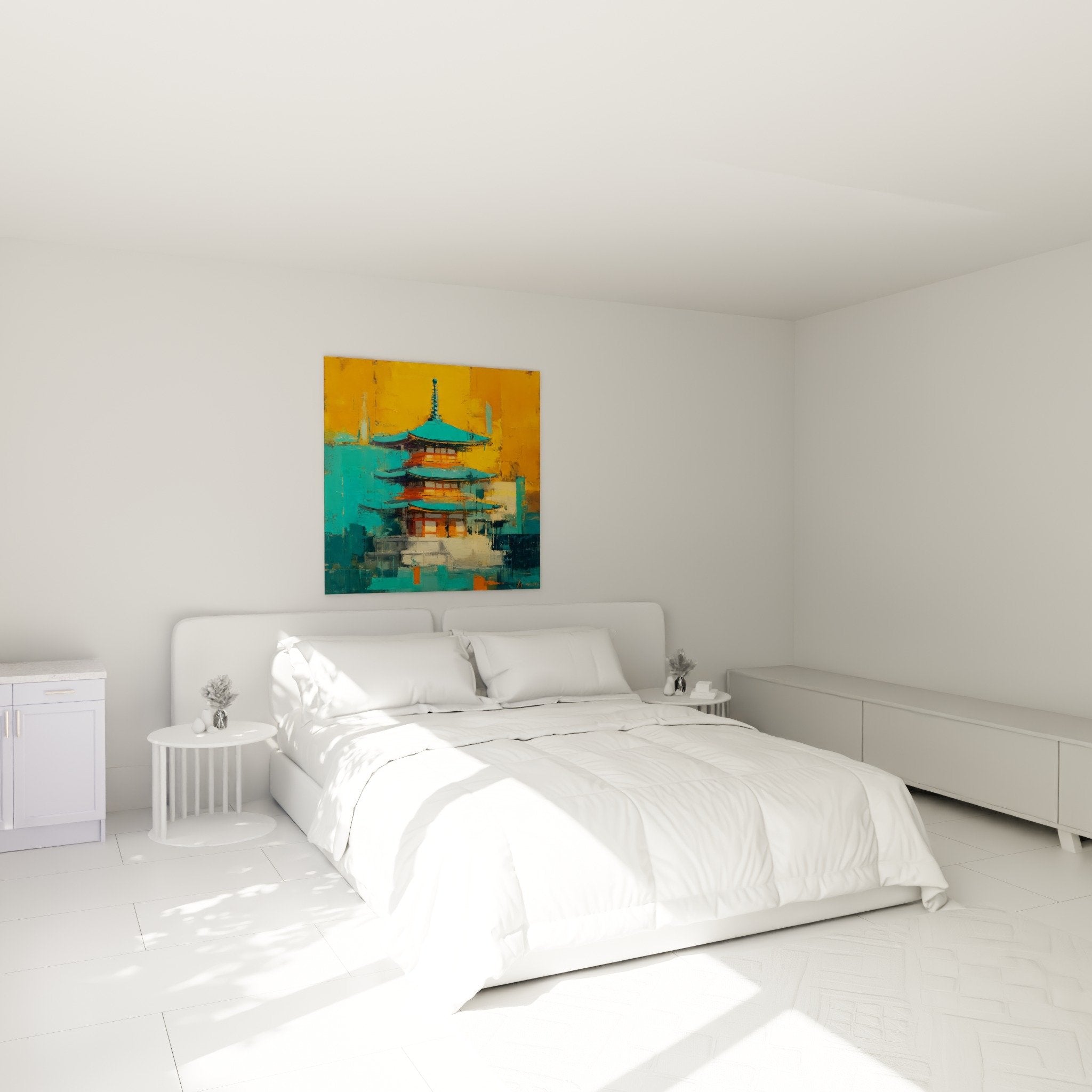 Pagode turquoise orange decoration chambre moderne tableau mural architecture asiatique