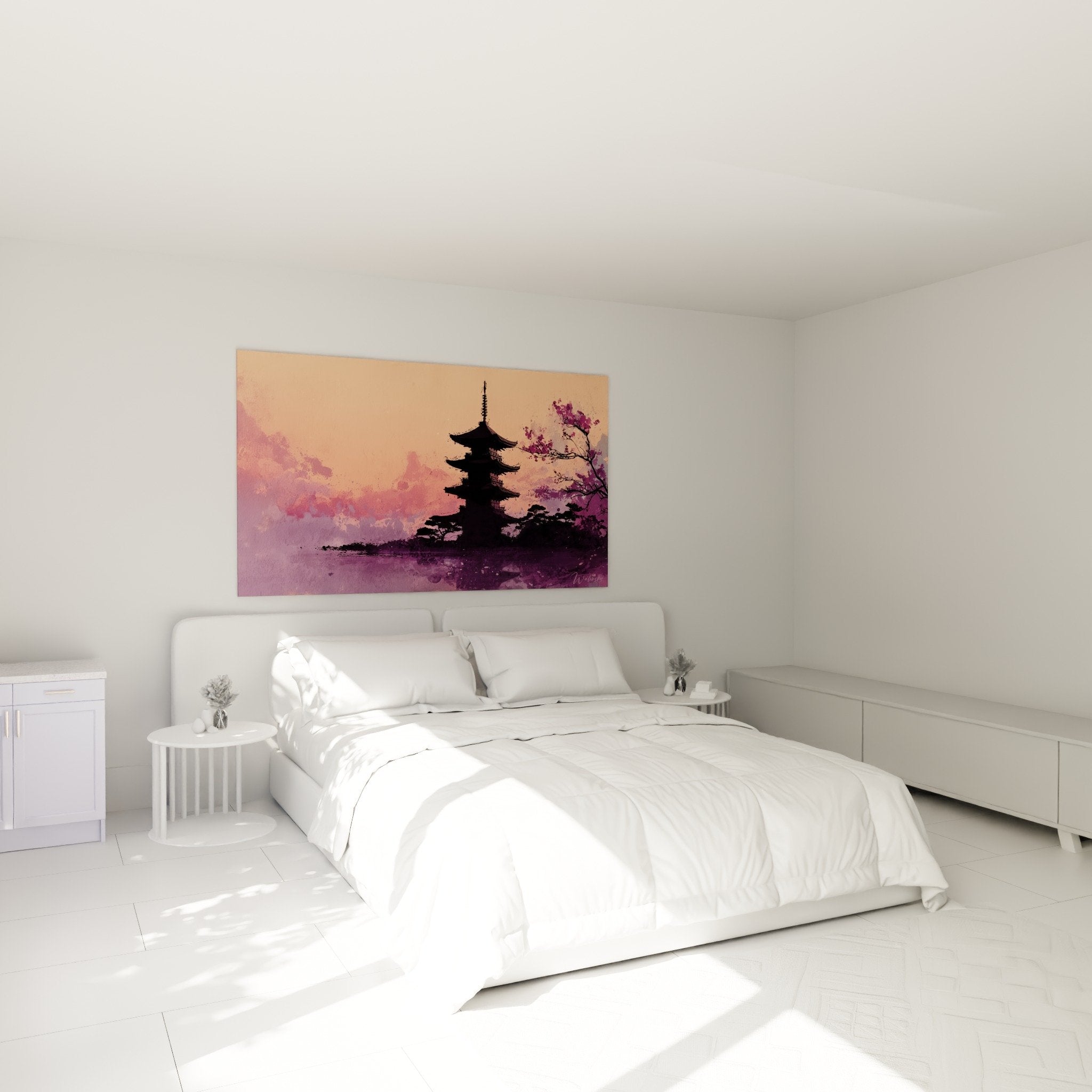 Tableau pagode violet orange ambiance zen chambre decoration murale japonaise
