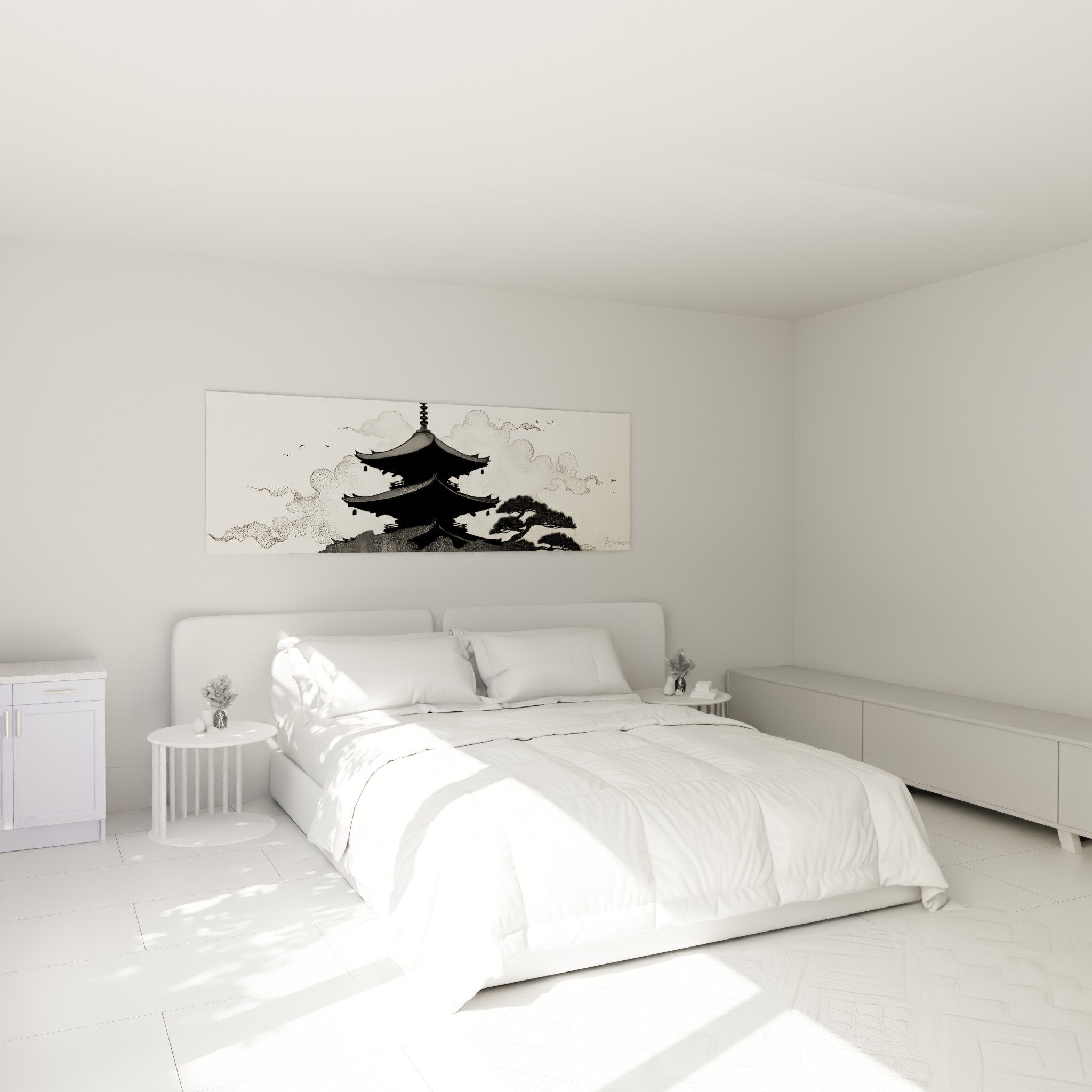 Tableau pagode zen chambre decoration murale asiatique noir blanc ambiance apaisante