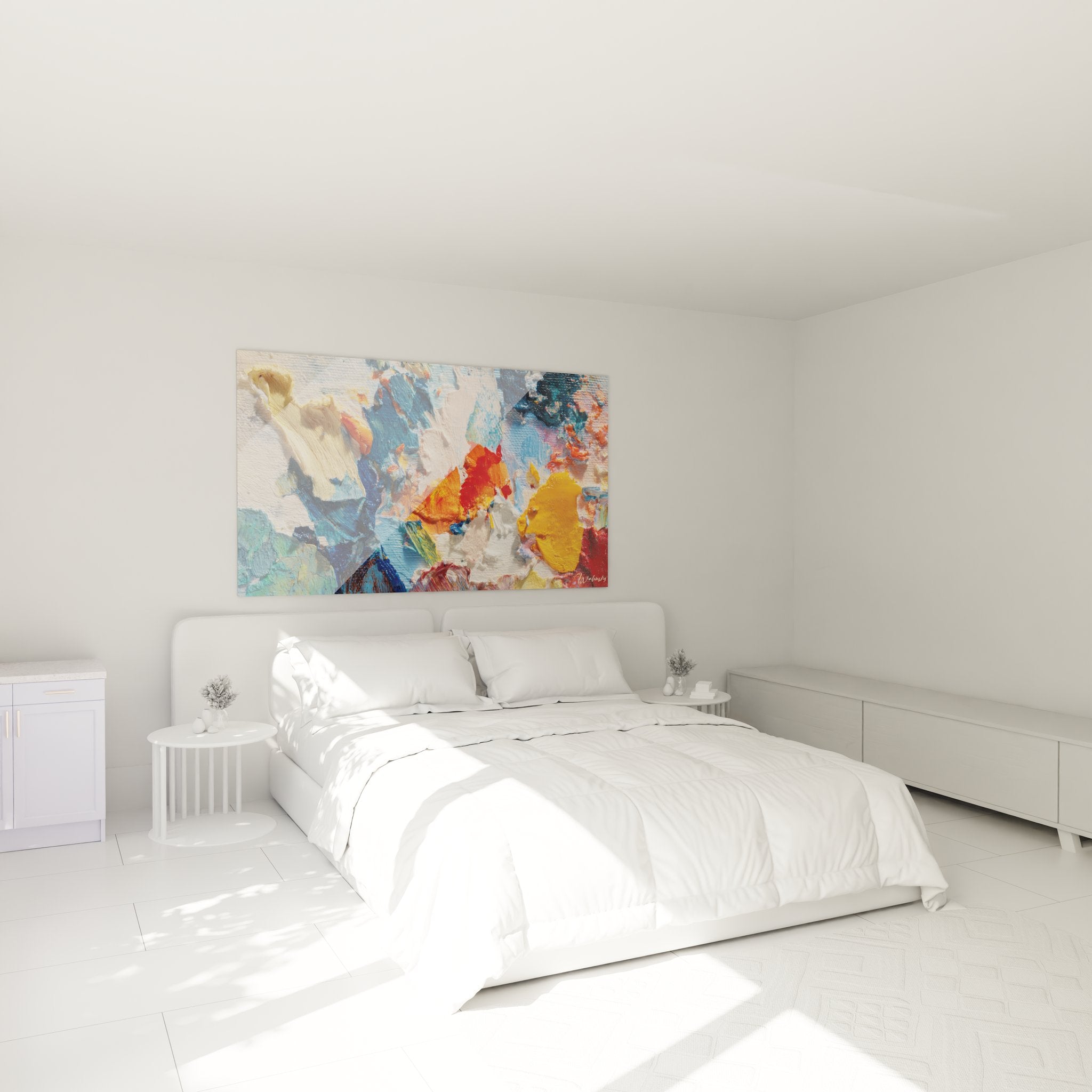 Tableau palette abstraite dans chambre moderne, décoration murale colorée style contemporain