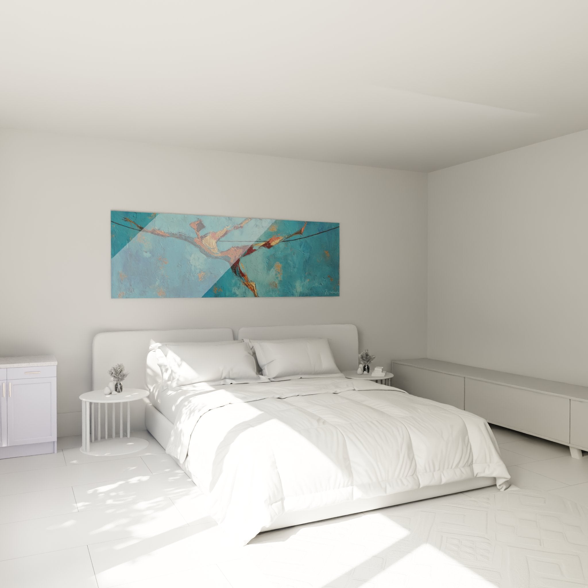 Decorazione camera da letto con quadro trapezista blu, atmosfera artistica e poetica per interni moderni