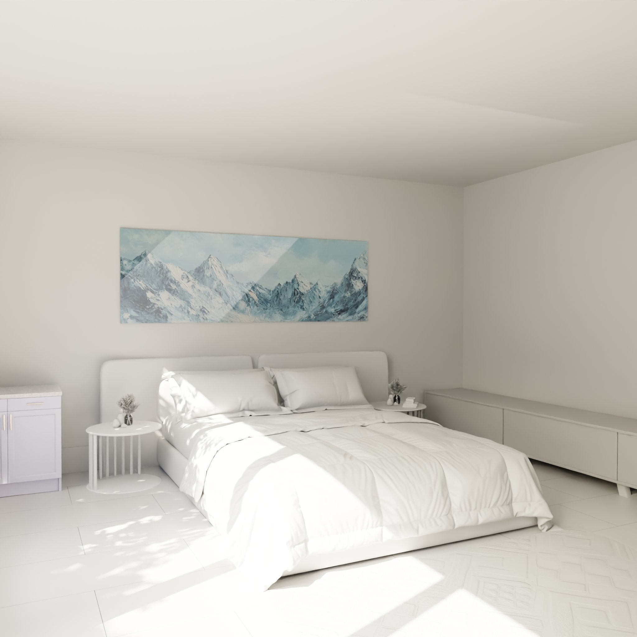 Tableau montagne enneigée dans chambre moderne décoration murale panoramique alpine tons bleus apaisants