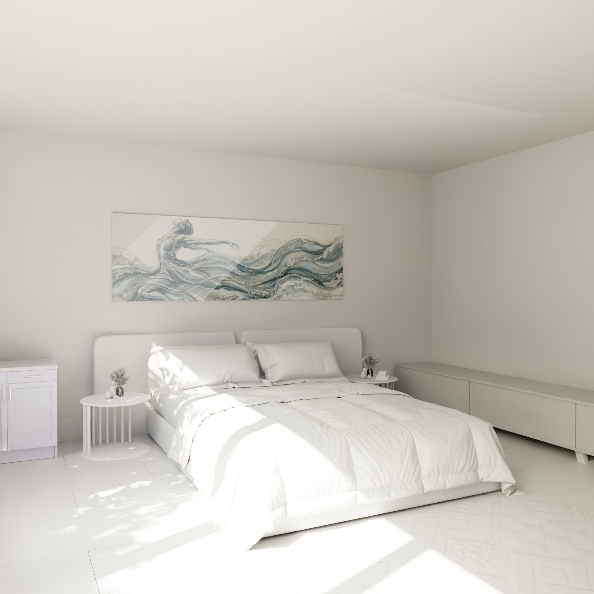 Quadro danzatrice fluida che decora una camera moderna con palette di colori rilassanti blu e grigio