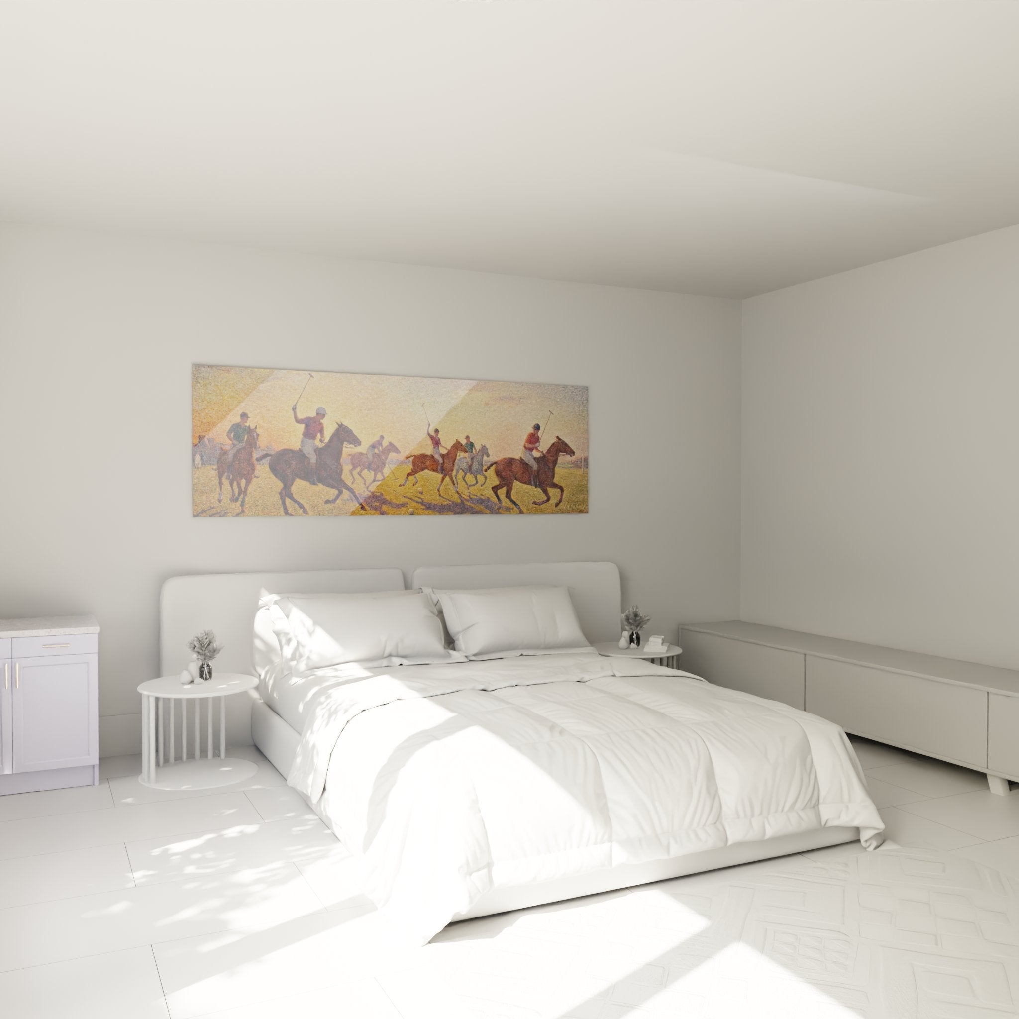 Decorative polo wall art in bedroom, equestrian sunset scene, warm golden ambiance