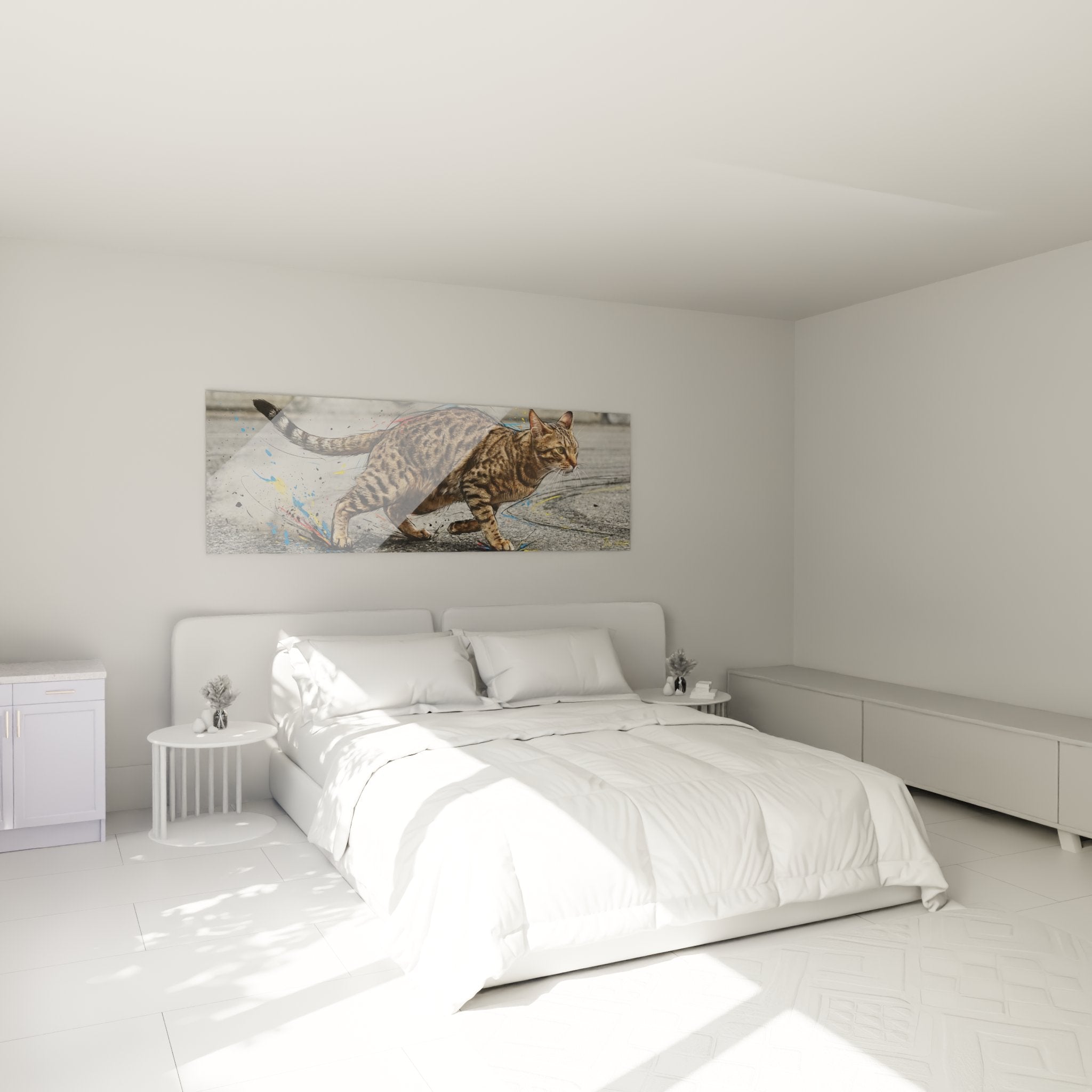Decorazione camera da letto con quadro gatto Ocicat artistico con proiezioni colorate su muro contemporaneo