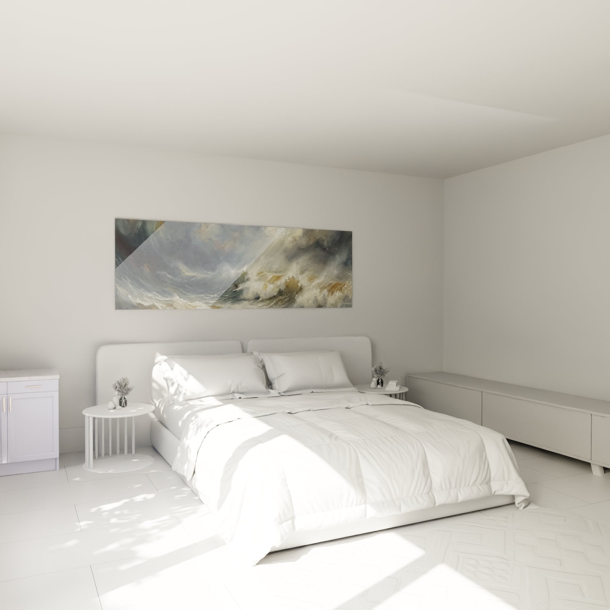 Ocean storm wall art in modern bedroom, authentic maritime and surf ambiance