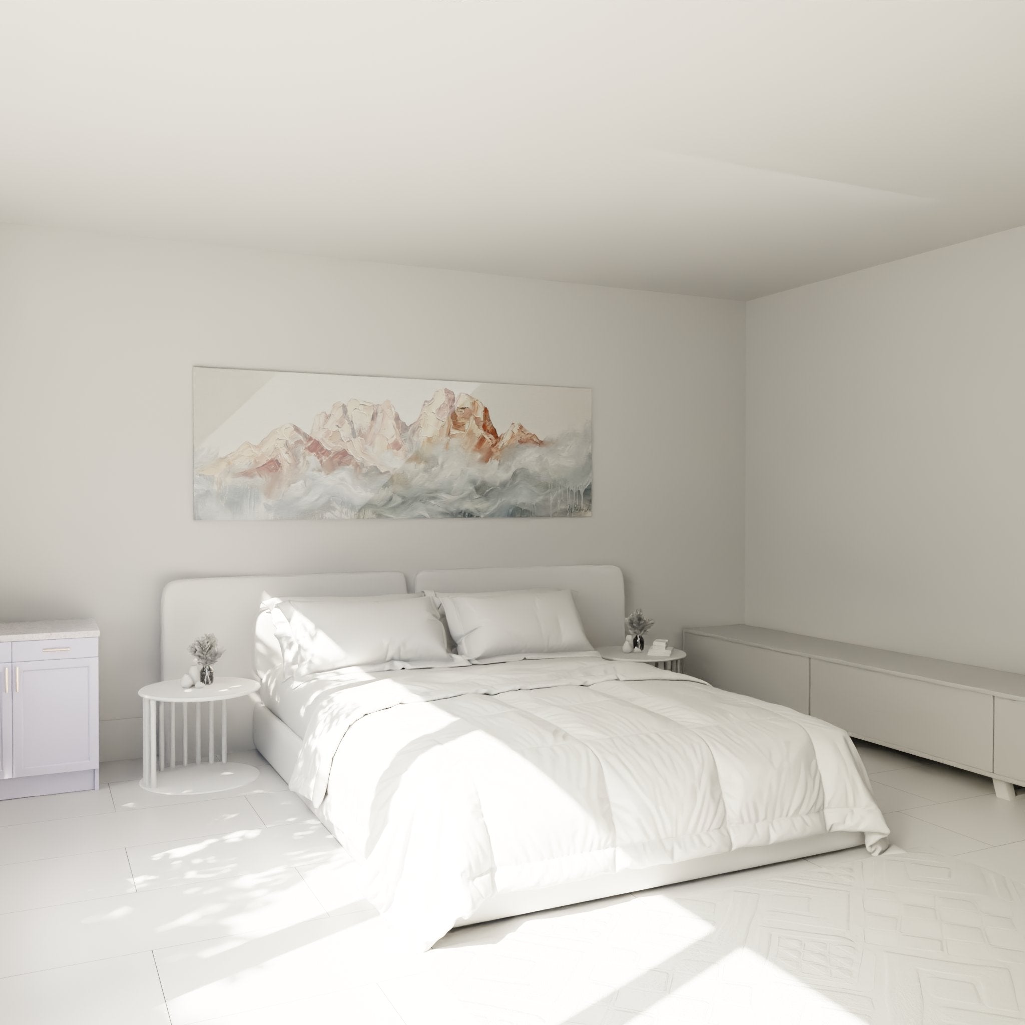 Misty mountain wall art in modern bedroom, panoramic peaks and clouds mural, serene and calming ambiance