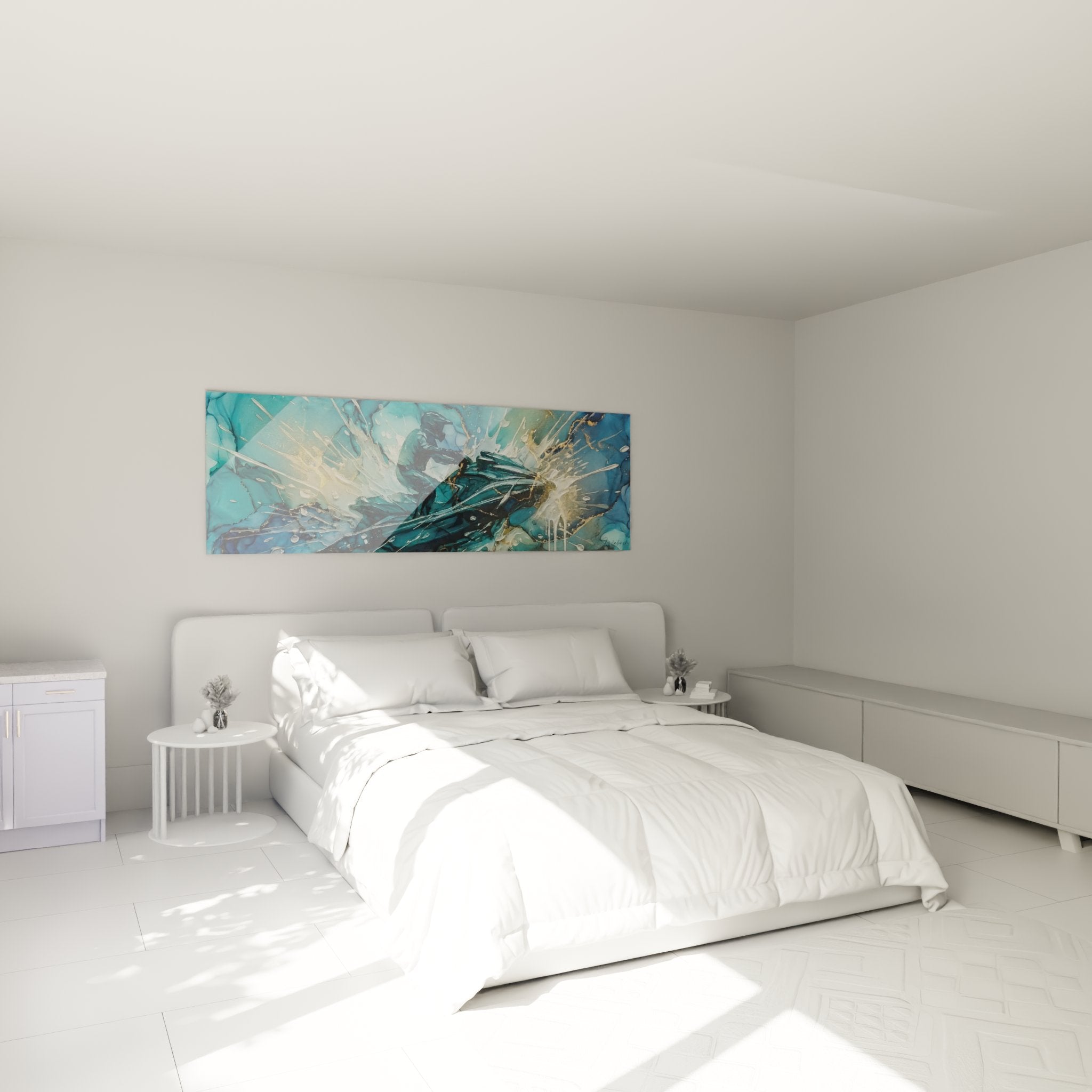Tableau jetski explosif dans chambre moderne, décoration murale bleue et dorée, ambiance nautique