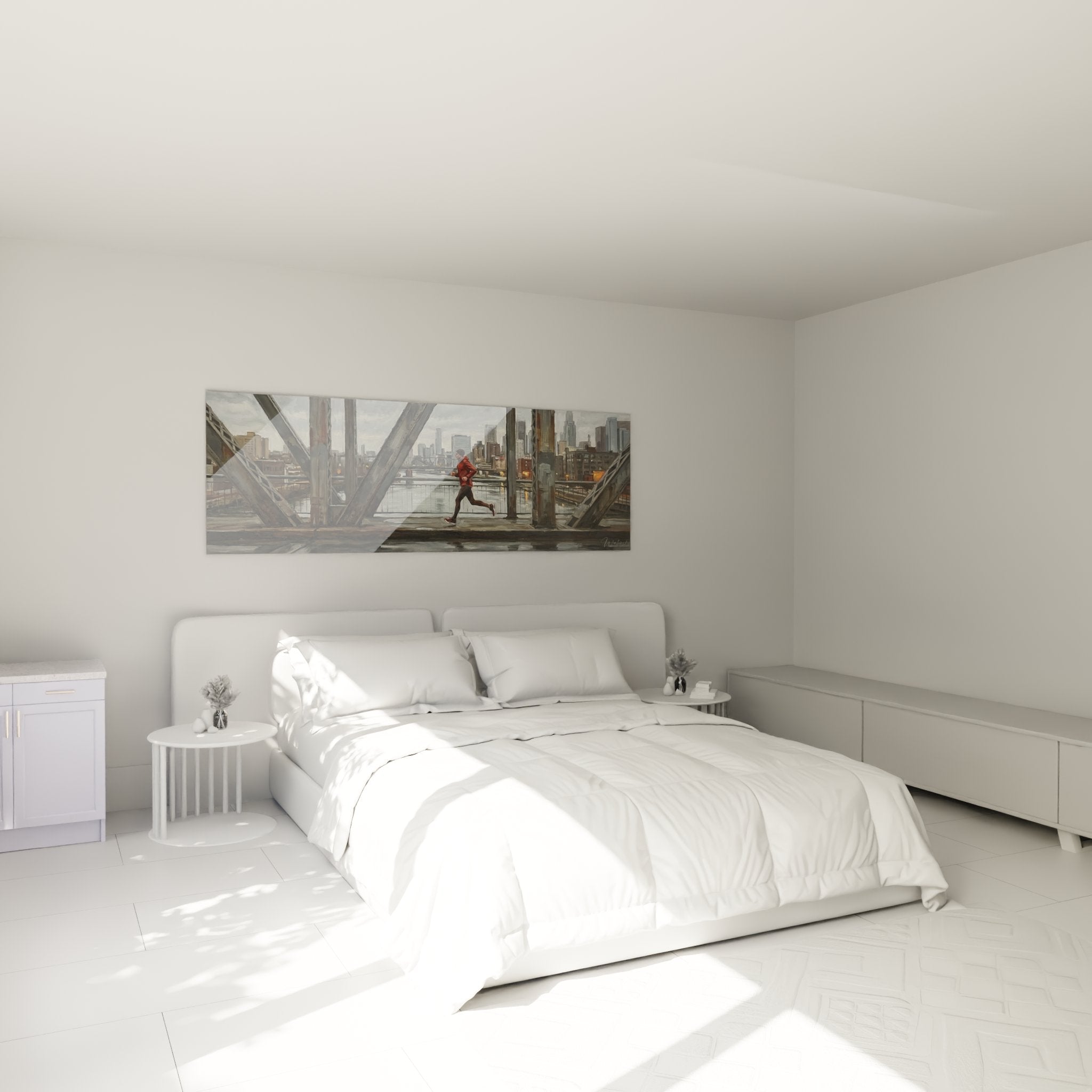 Urban runner artwork decorating a modern bedroom with metal bridge and skyscraper views