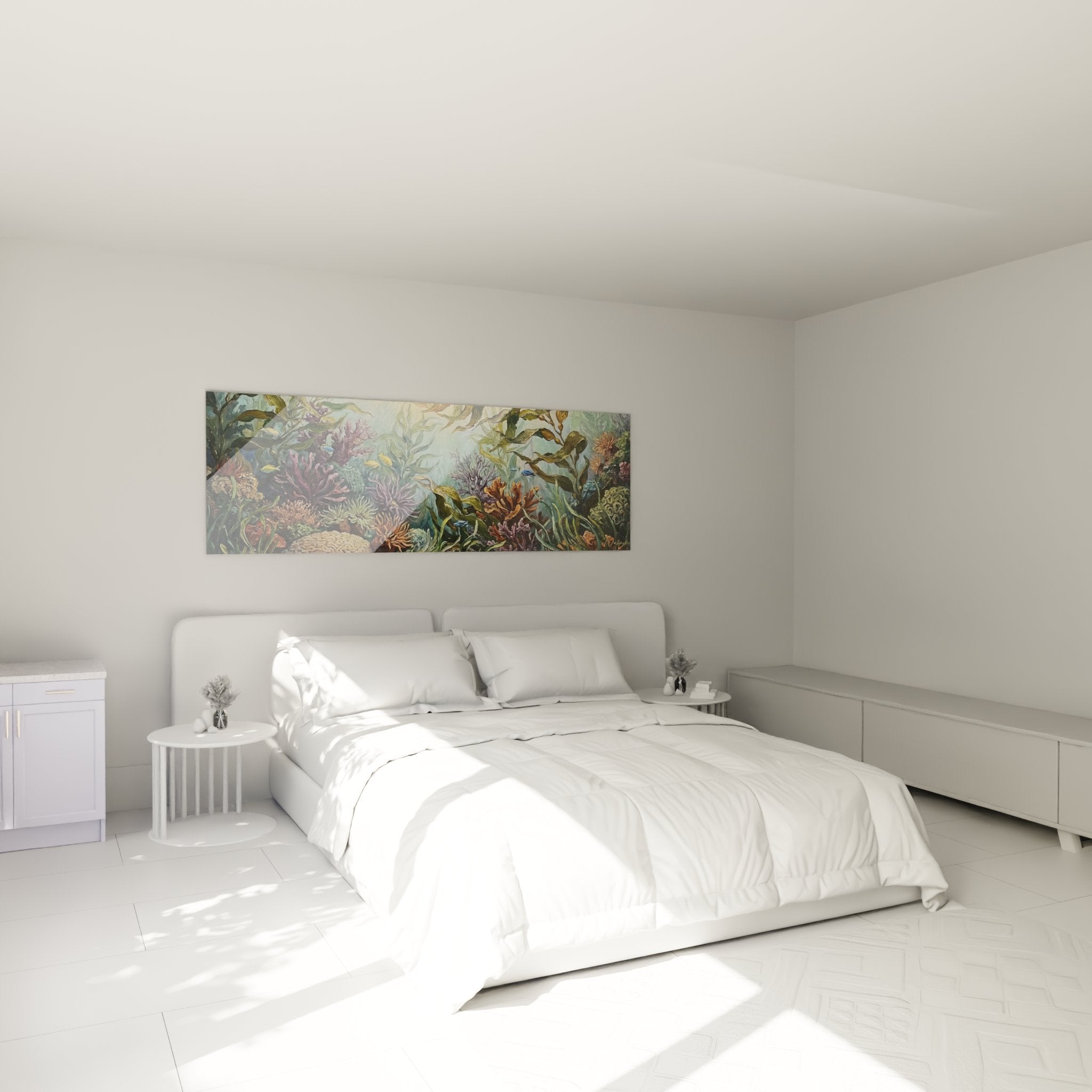 Kunstdruck Unterwasserriff dekoriert ein modernes Schlafzimmer mit mehrfarbigen Korallen und Meeresvegetation