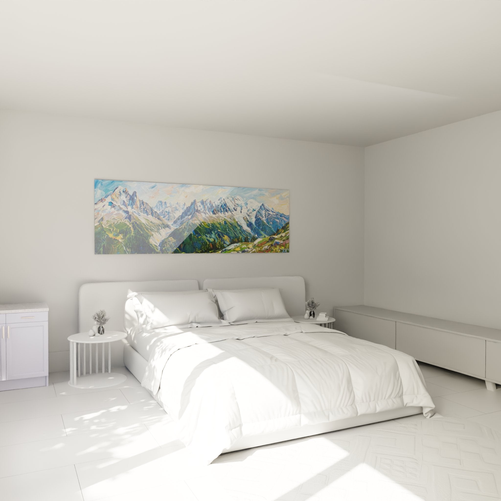 Panoramic mountain wall art in bedroom alpine landscape decor snowy peaks