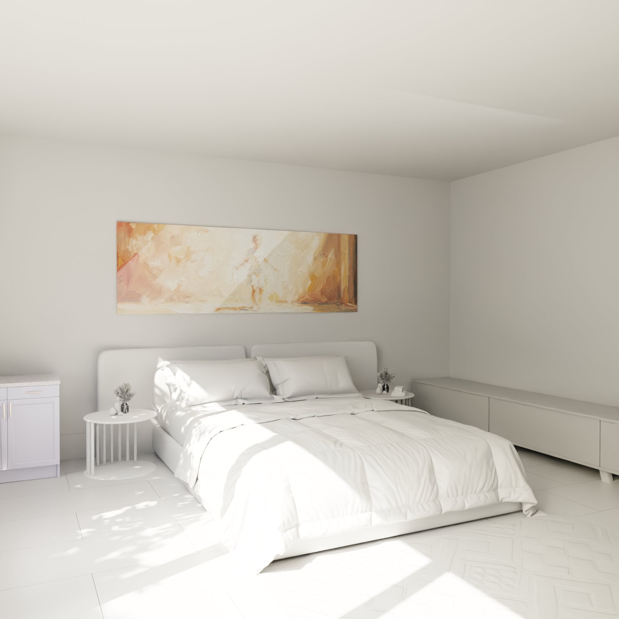 Impressionist ballerina wall art in a bedroom with warm and elegant tones