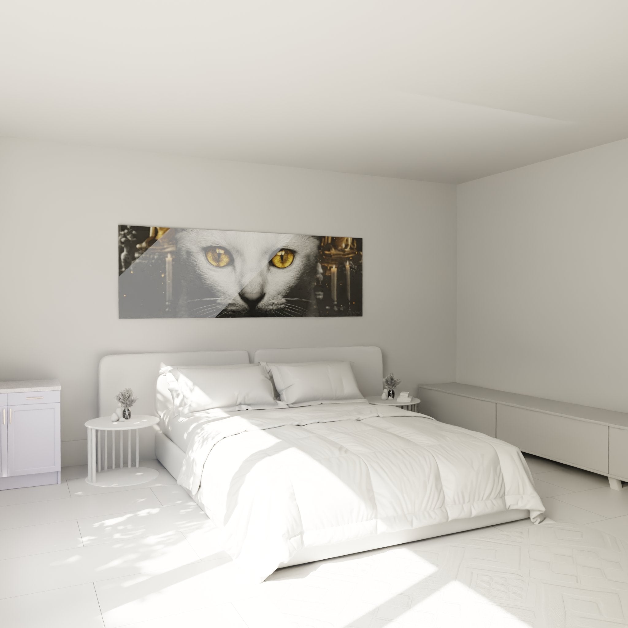 Tableau chat Khao Manee yeux dores accroche au mur chambre moderne decoration murale feline elegante et sophistiquee