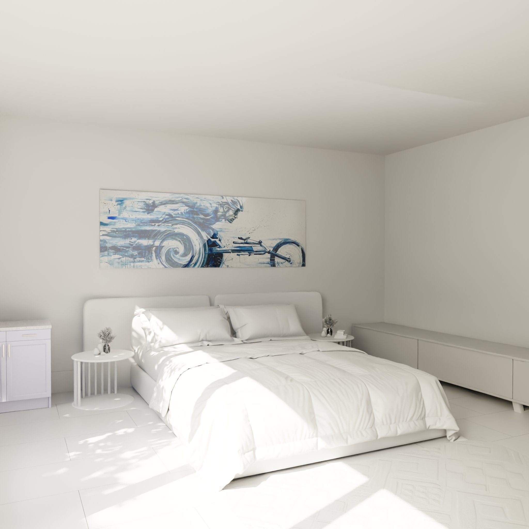 Tableau cycliste paralympique décorant élégamment une chambre moderne aux tons apaisants