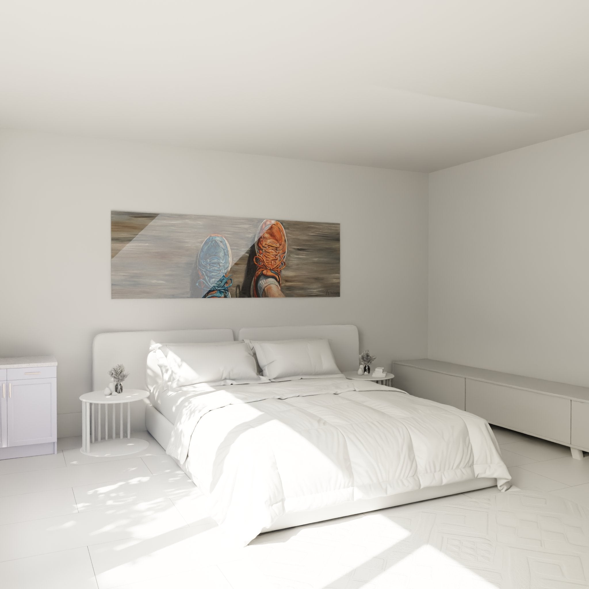 Running shoes artwork dual runners elegantly decorating a modern bedroom with neutral tones