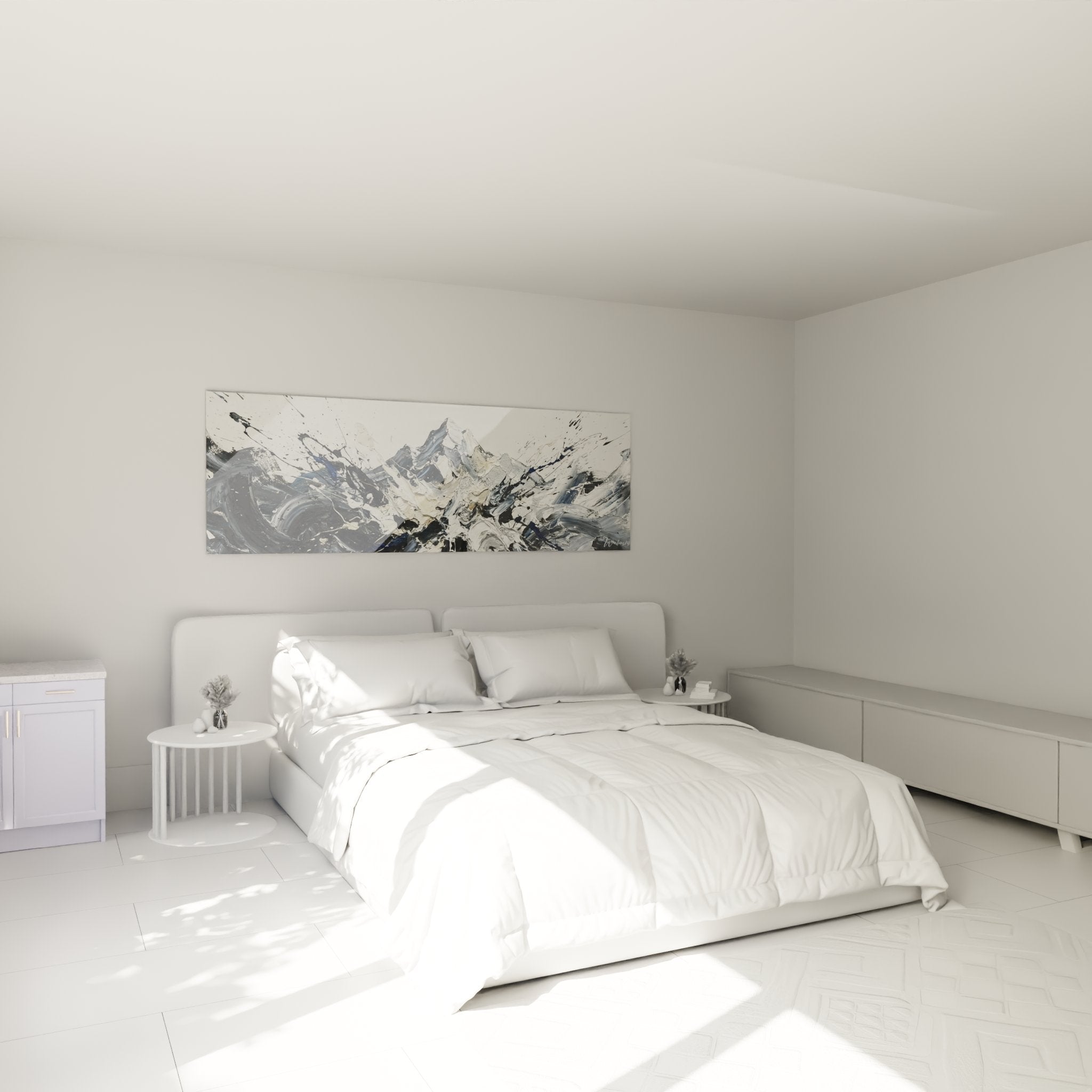 Abstraktes Bergtableau im modernen Schlafzimmer, zeitgenössische alpine Wanddekoration
