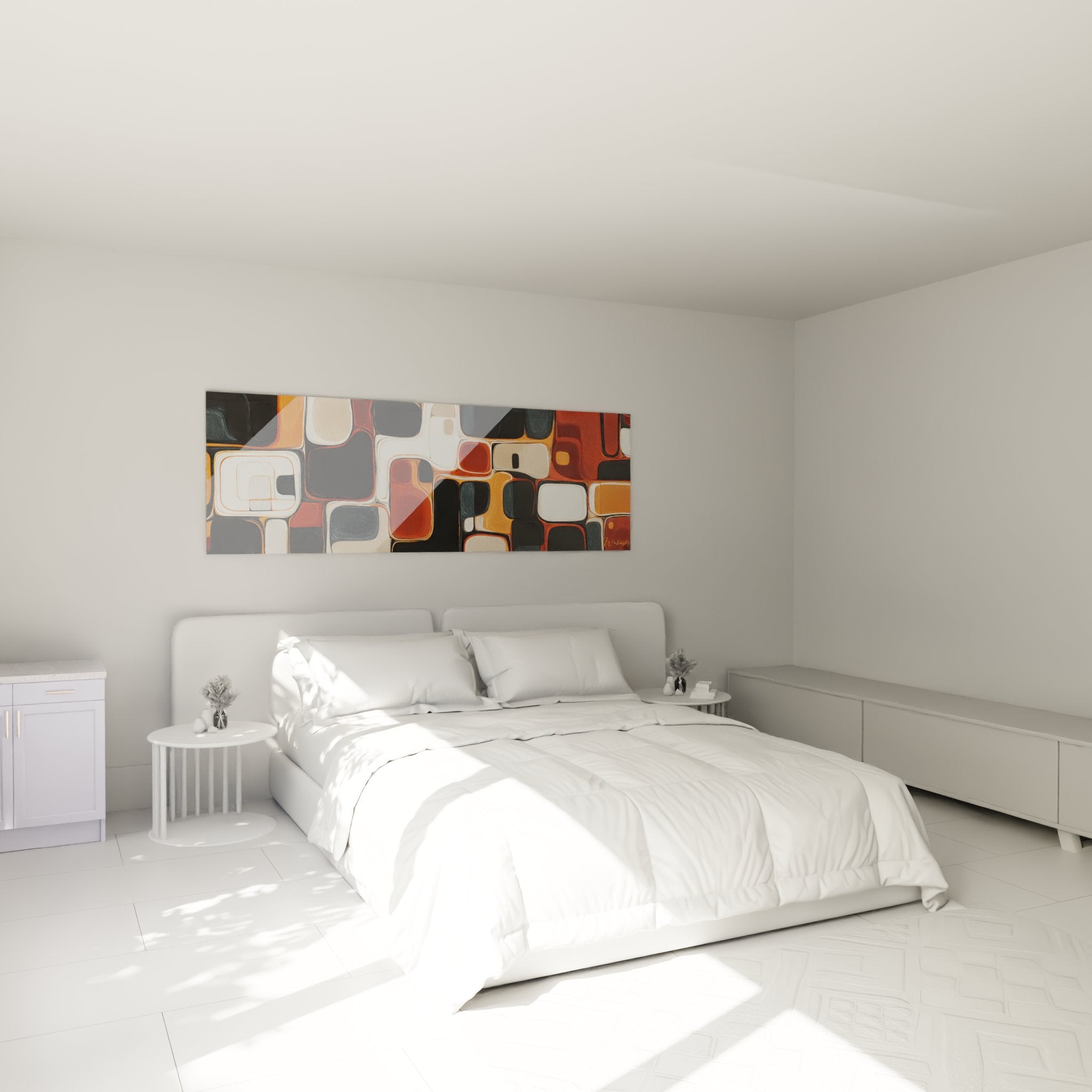 Bedroom décor with abstract geometric African mosaic wall art in warm ochre and orange colors