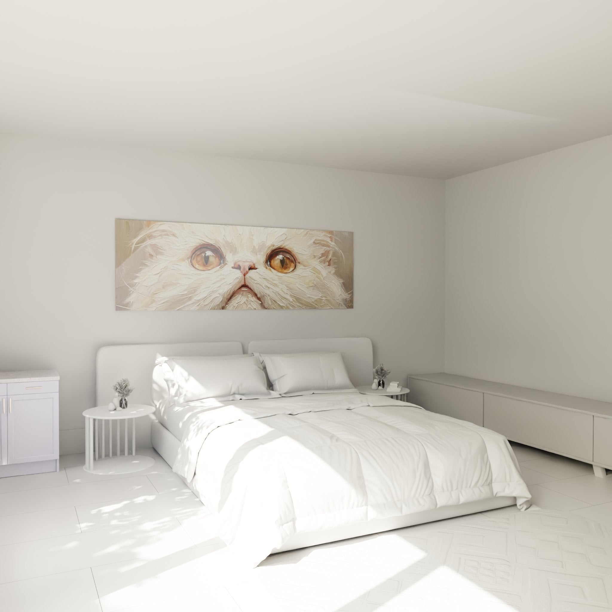 Bedroom decor with Persian cat painting golden eyes, cosy and elegant atmosphere, feline wall art