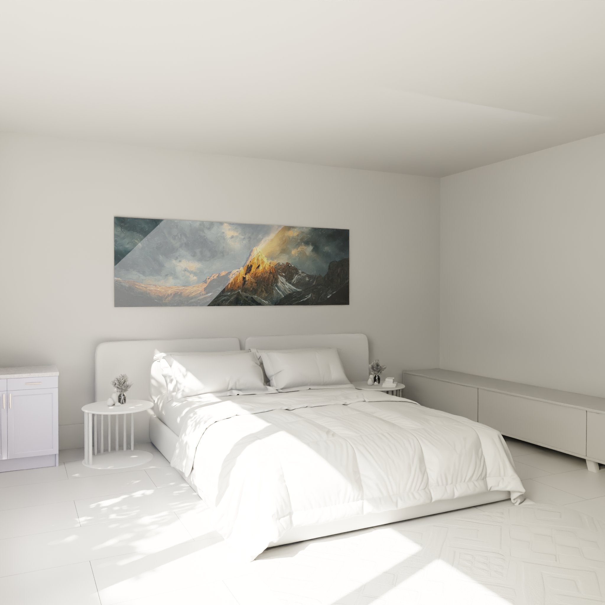 Dolomites wall art in modern bedroom - mountain wall decoration with warm lighting on white wall