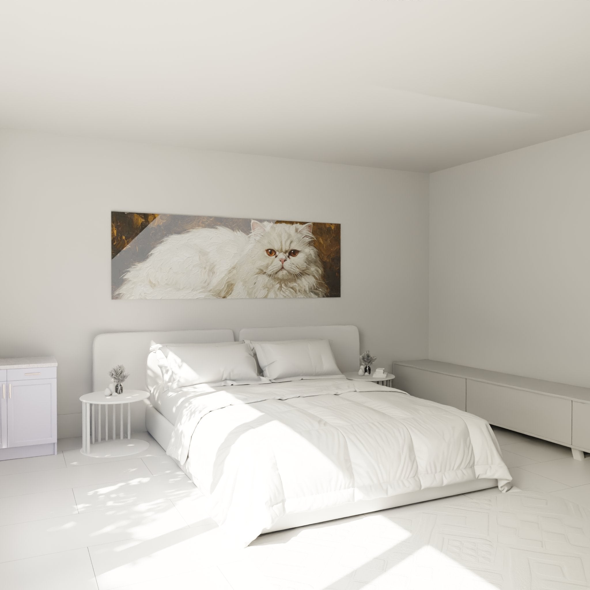 Décoration chambre avec tableau chat Persan blanc élégant, ambiance cosy et raffinée