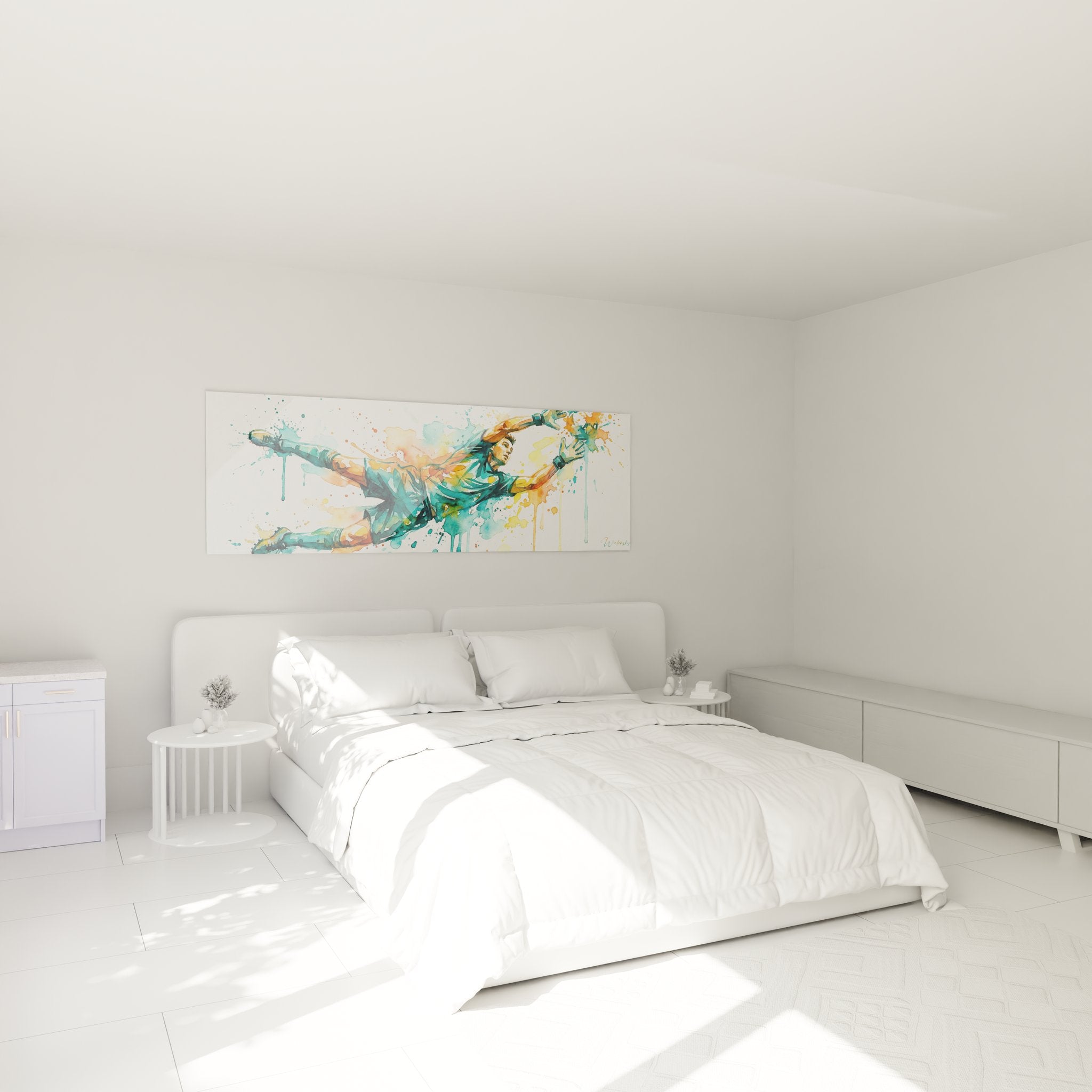 Tableau football aquarelle tacle dynamique décorant chambre moderne mur blanc