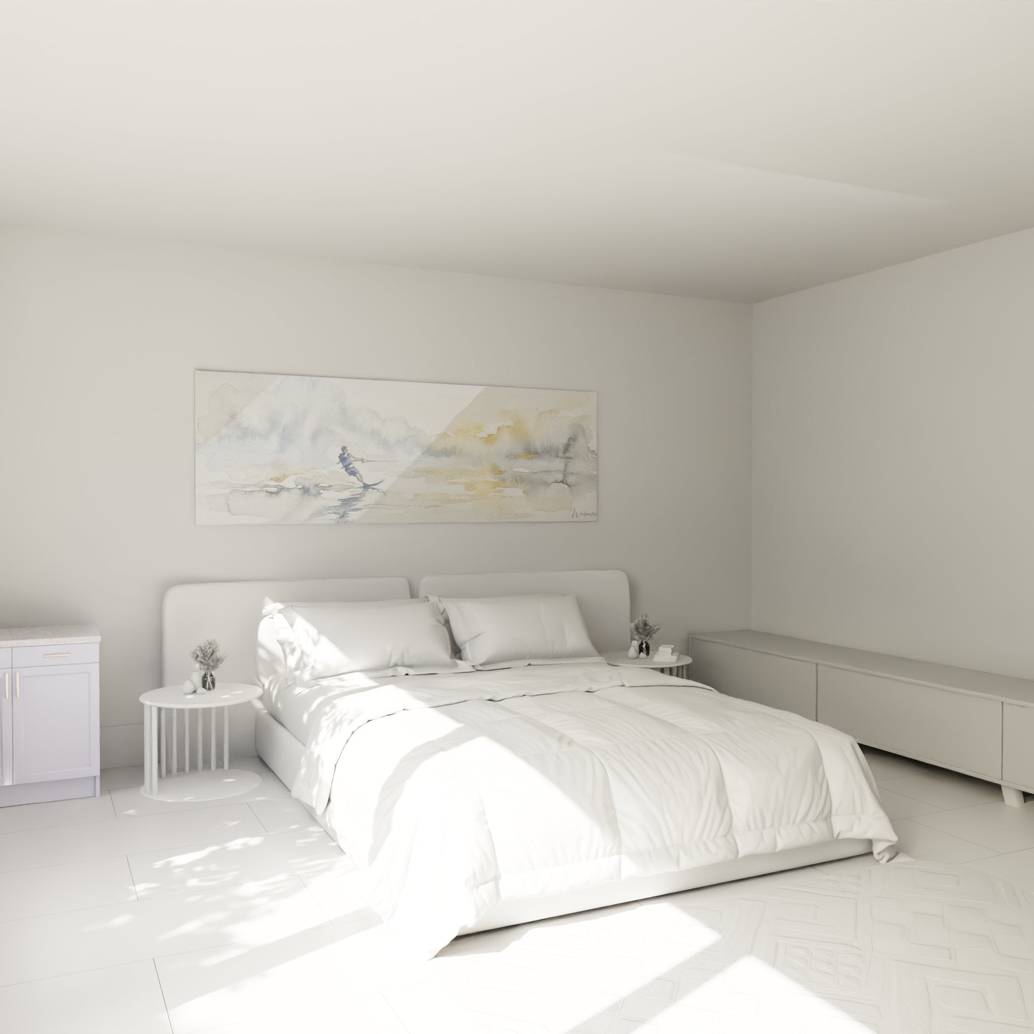 Decorazione murale sci nautico acquerello in camera moderna con atmosfera rilassante