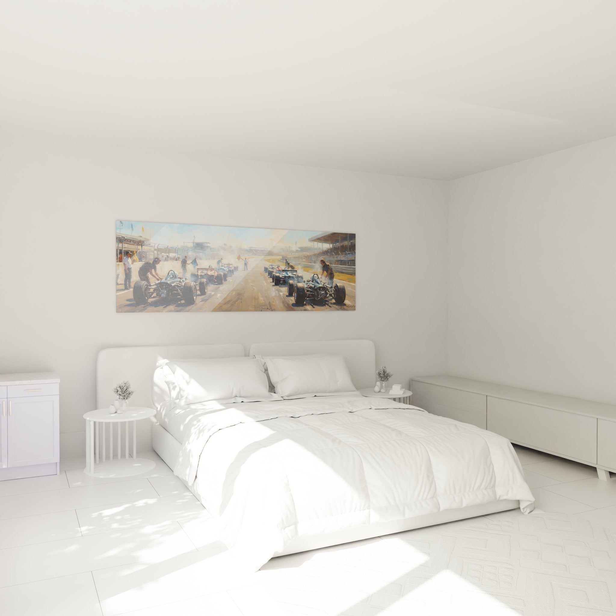 Décoration murale F1 vintage dans chambre moderne avec ambiance paddock course automobile années 70