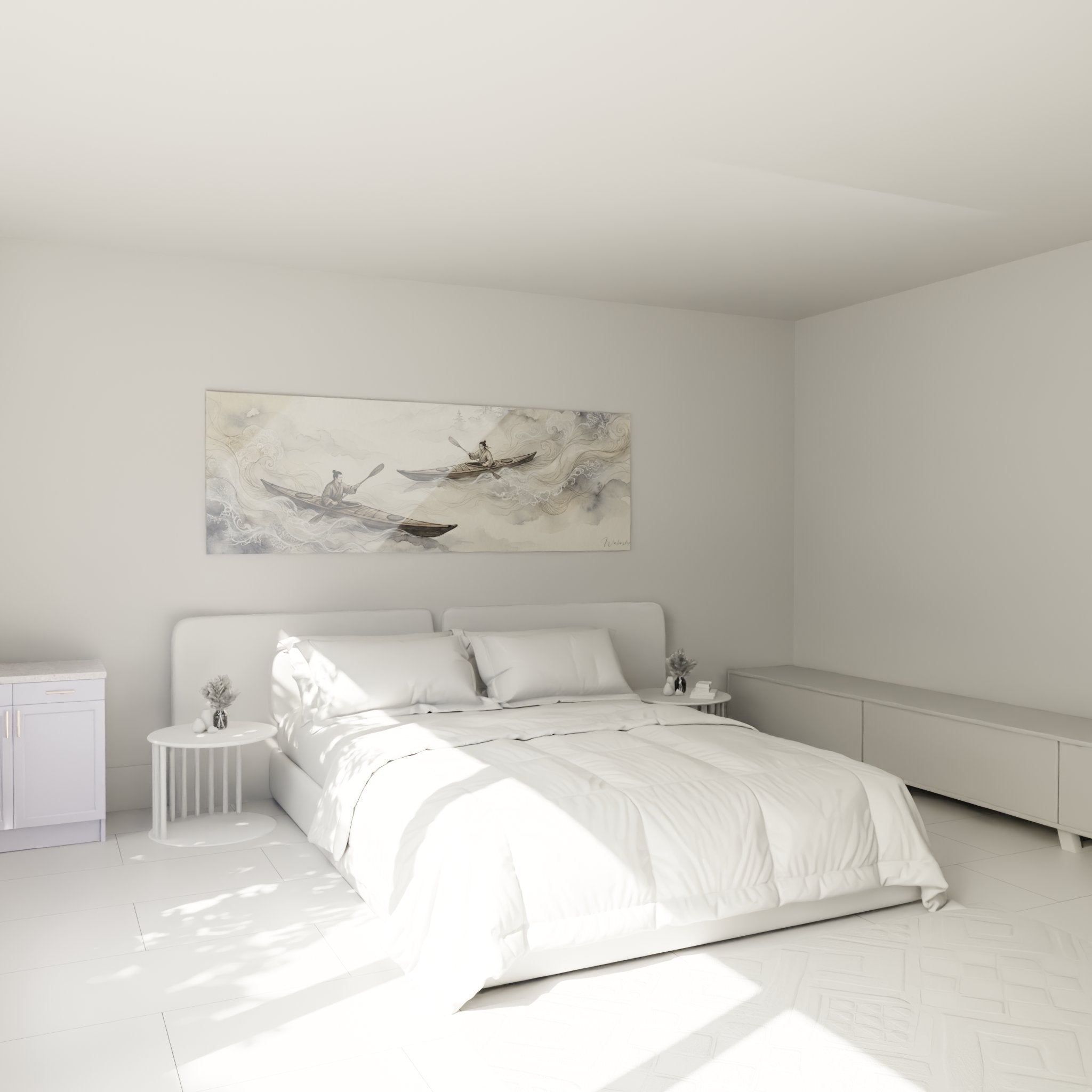 Kayak-Gemälde Wolken in einem modernen Schlafzimmer, nautische Wanddekoration in Beige- und Grautönen