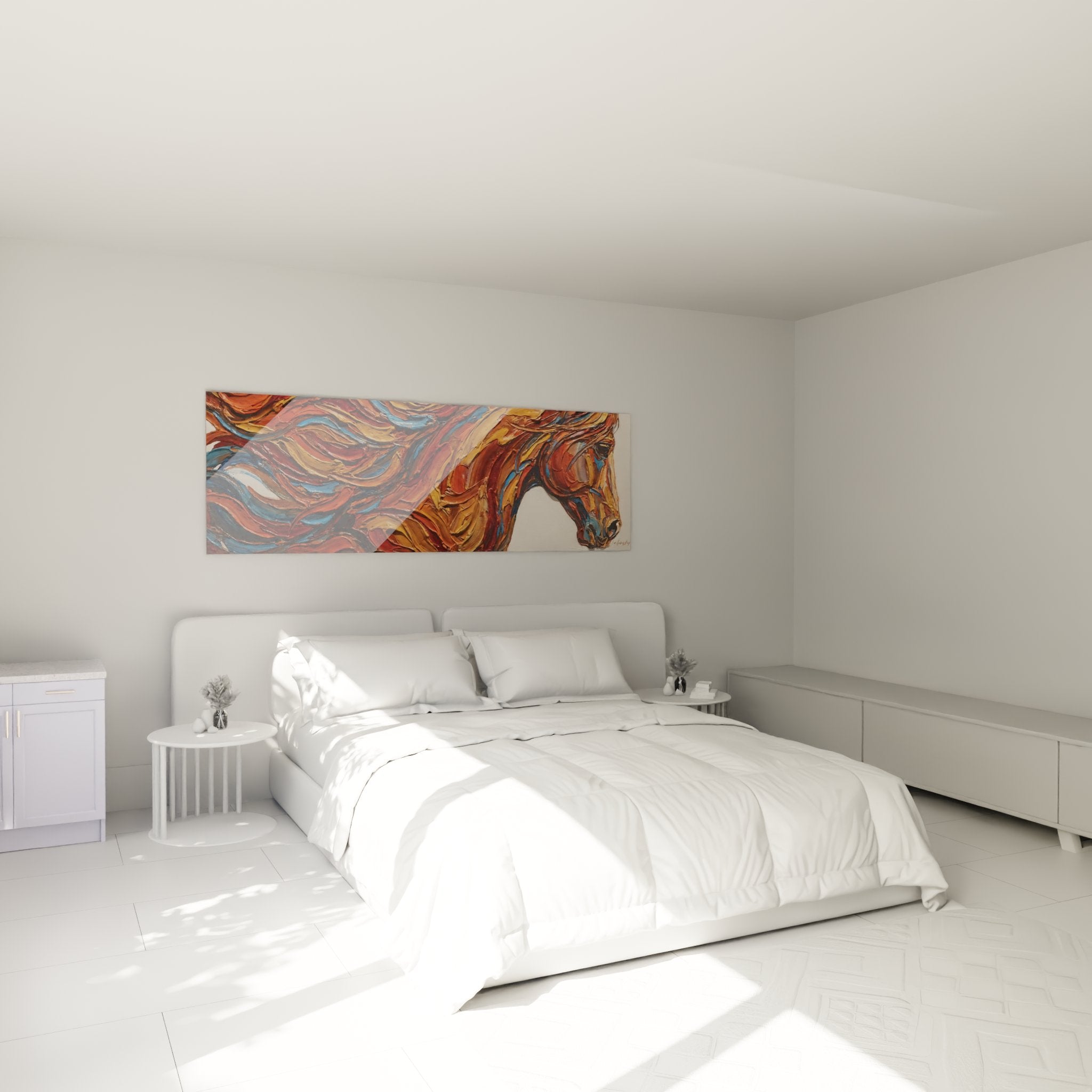 Décoration murale chambre avec tableau cheval abstrait aux couleurs chaudes style art équestre moderne