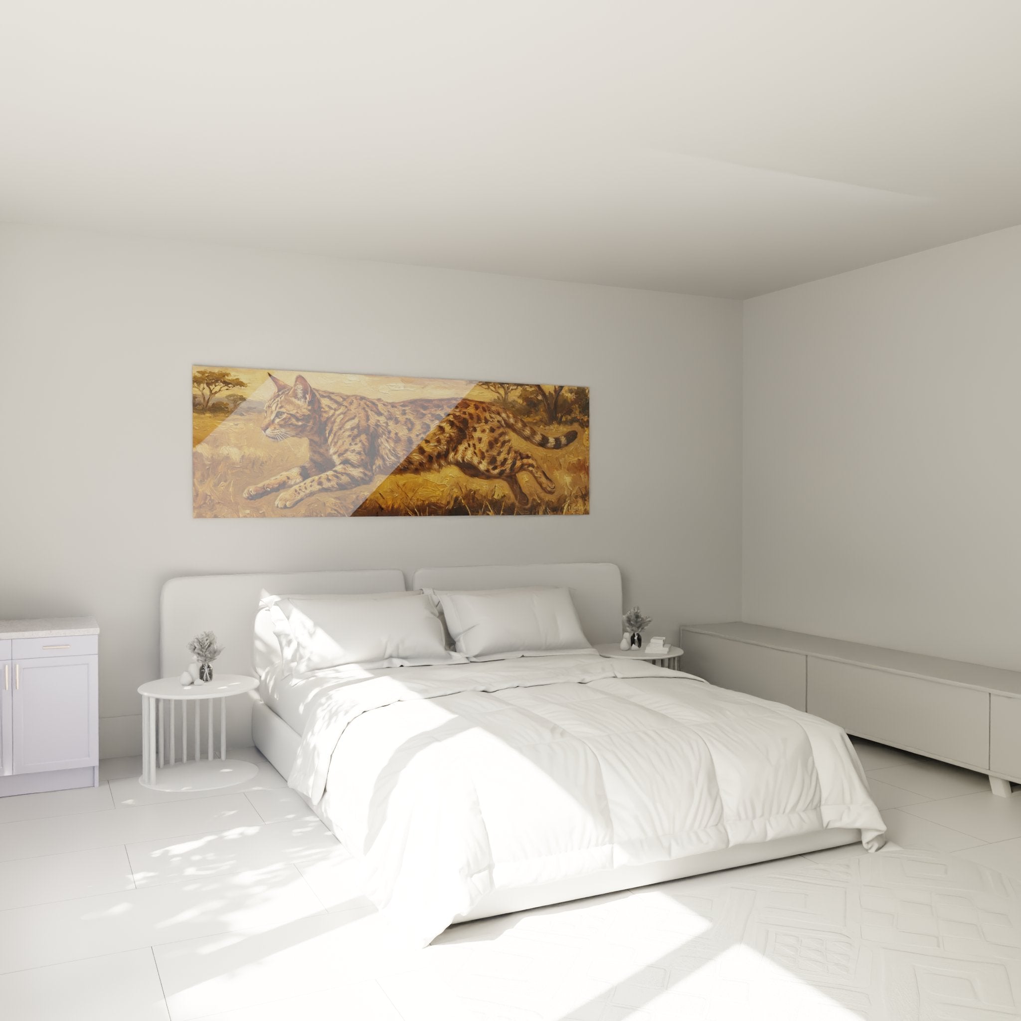 Decoration murale chambre avec tableau chat sauvage africain aux tons chauds ocre et dore ambiance naturelle