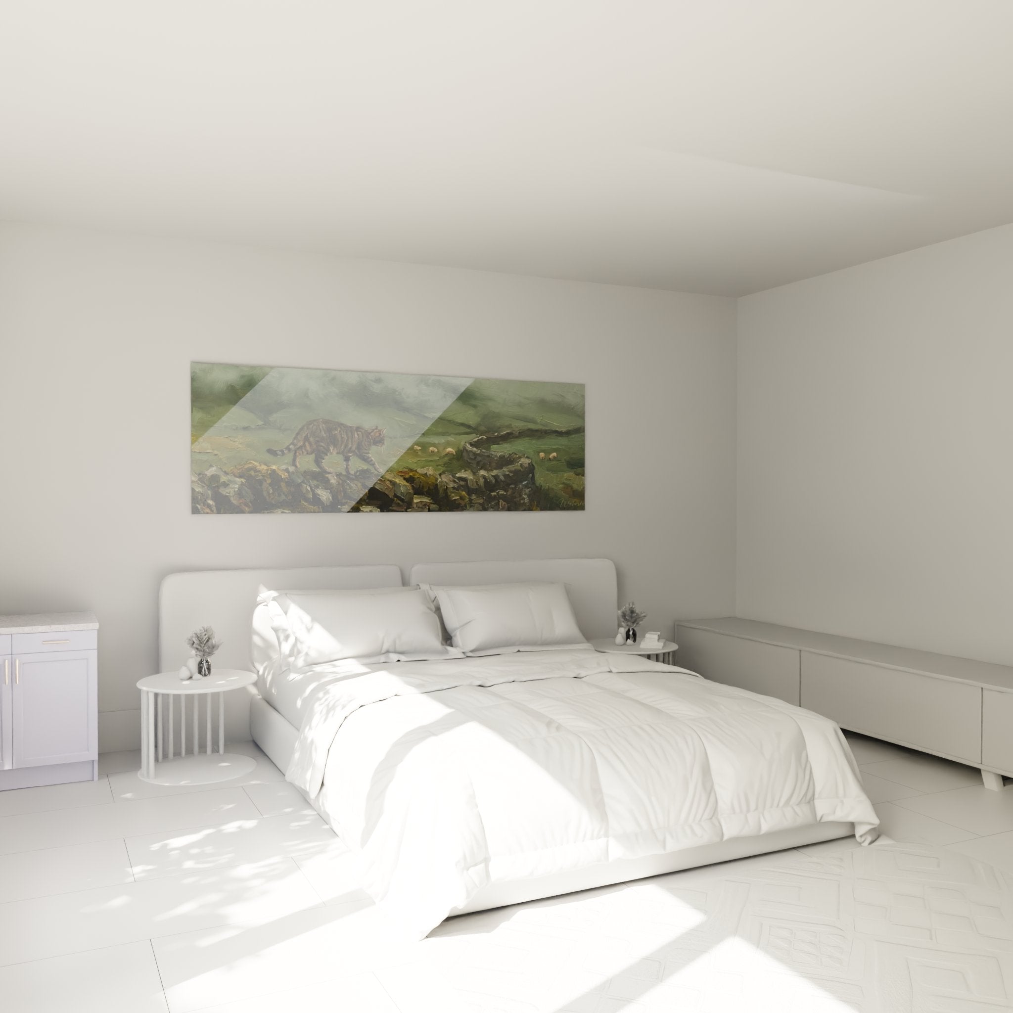 European Shorthair cat wall decoration Scottish landscape in elegant modern bedroom