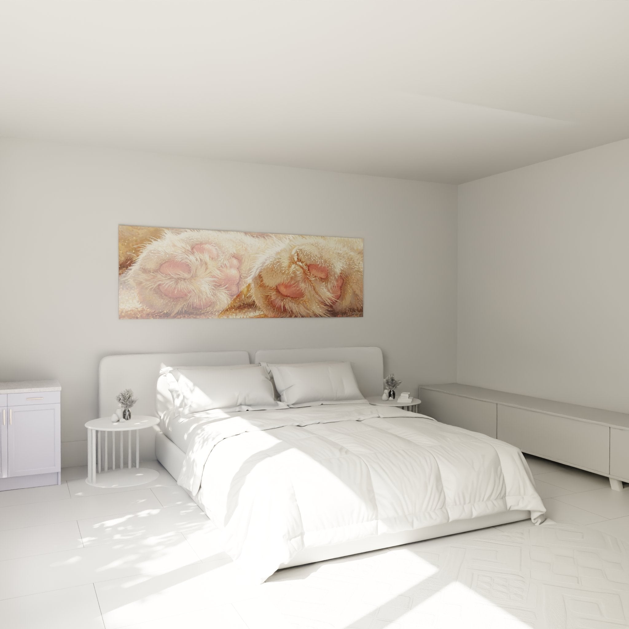 Ragamuffin cat paws wall decoration in a cozy bedroom with warm and soothing colors