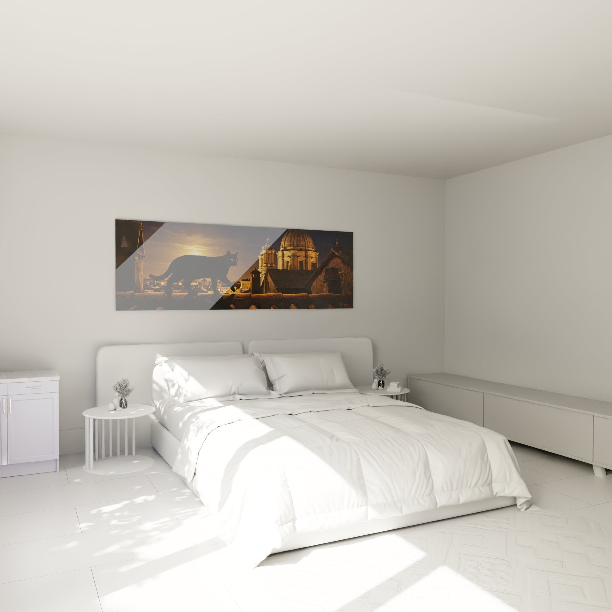 Décoration chambre avec tableau chat European Shorthair gardien nocturne sur les toits anciens