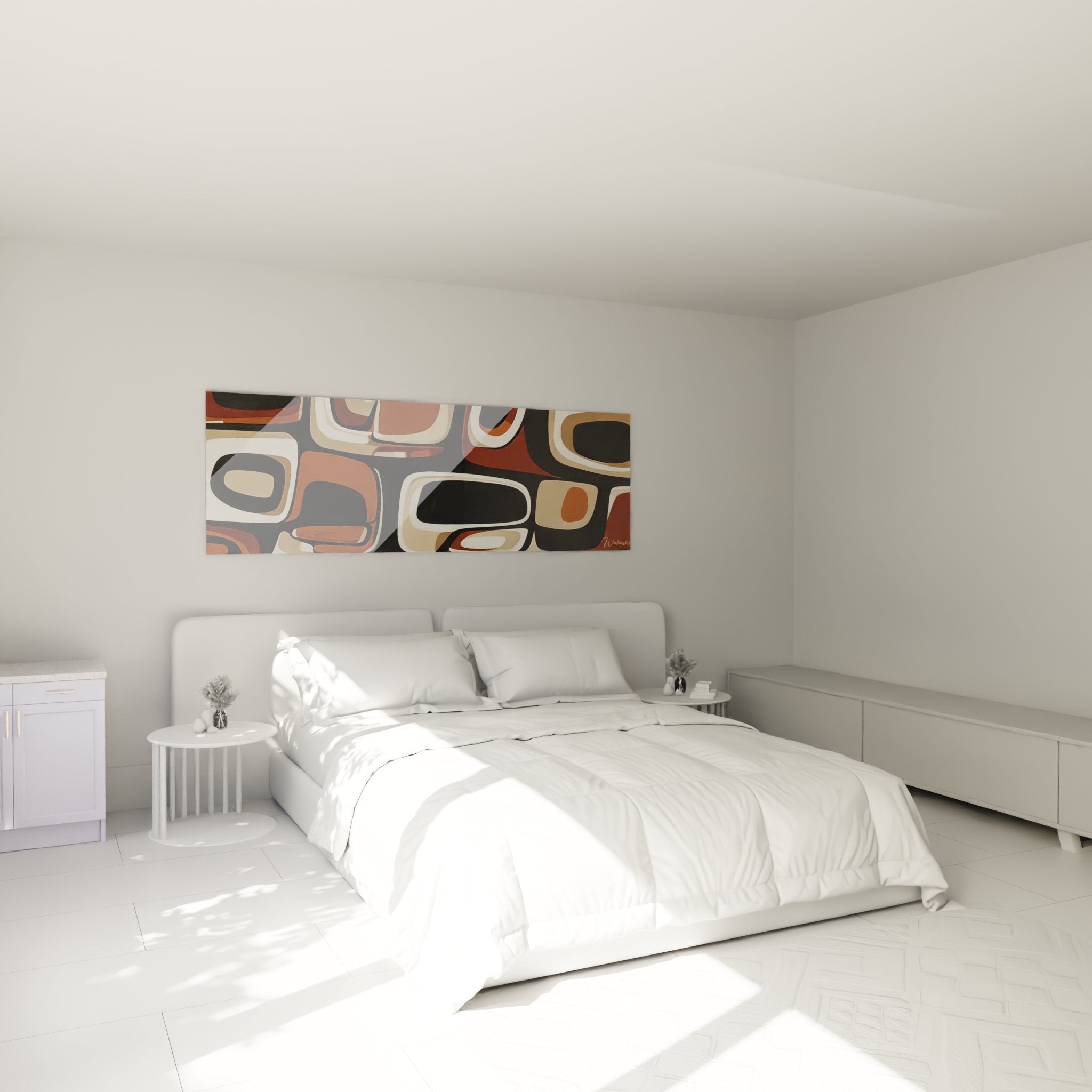 Motifs organiques africains dans chambre moderne, couleurs chaudes terre cuite et caramel sur mur