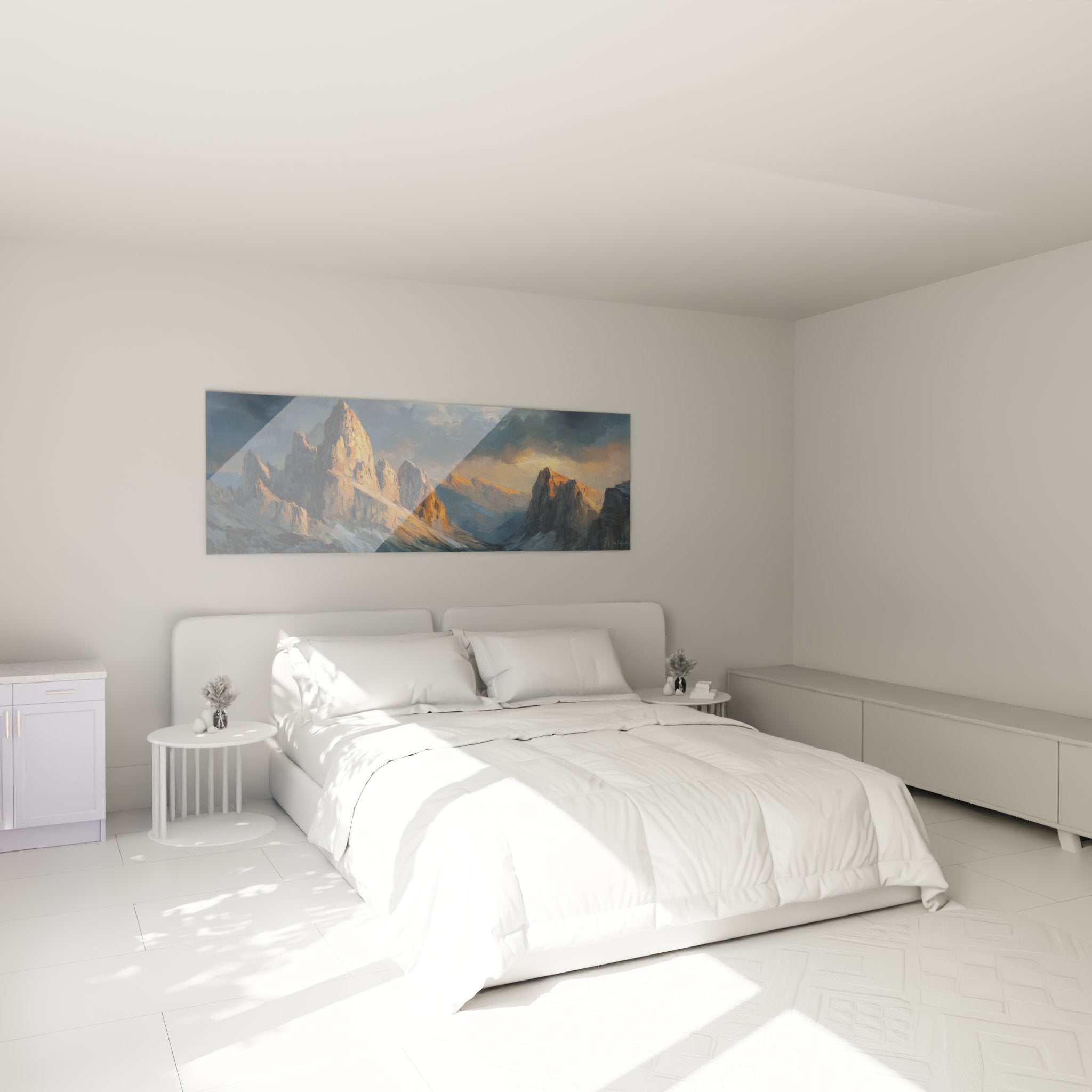 Dolomites sunset wall art in modern bedroom, warm ambiance with soft lighting