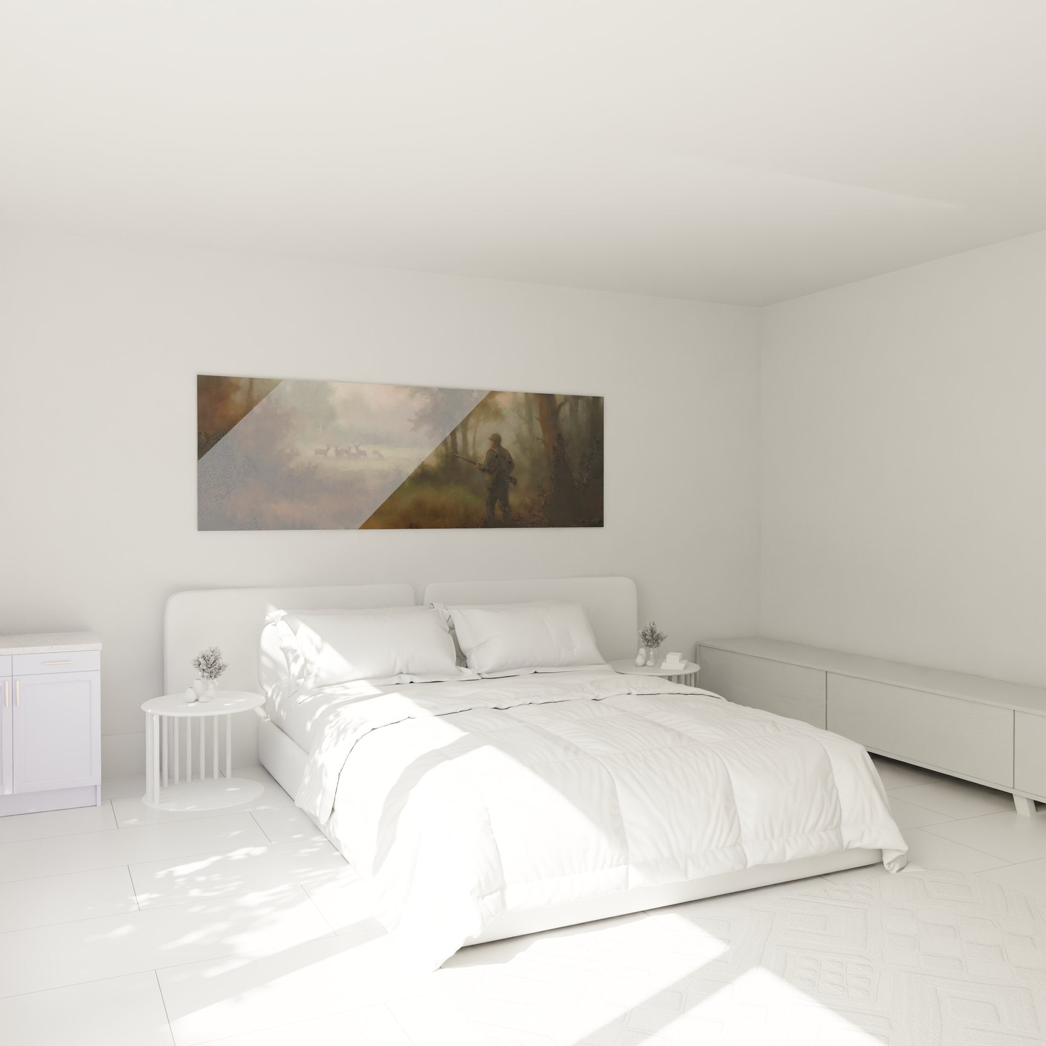 Tableau chasse chasseur brouillard décorant une chambre, ambiance cosy, art mural nature, décoration intérieur