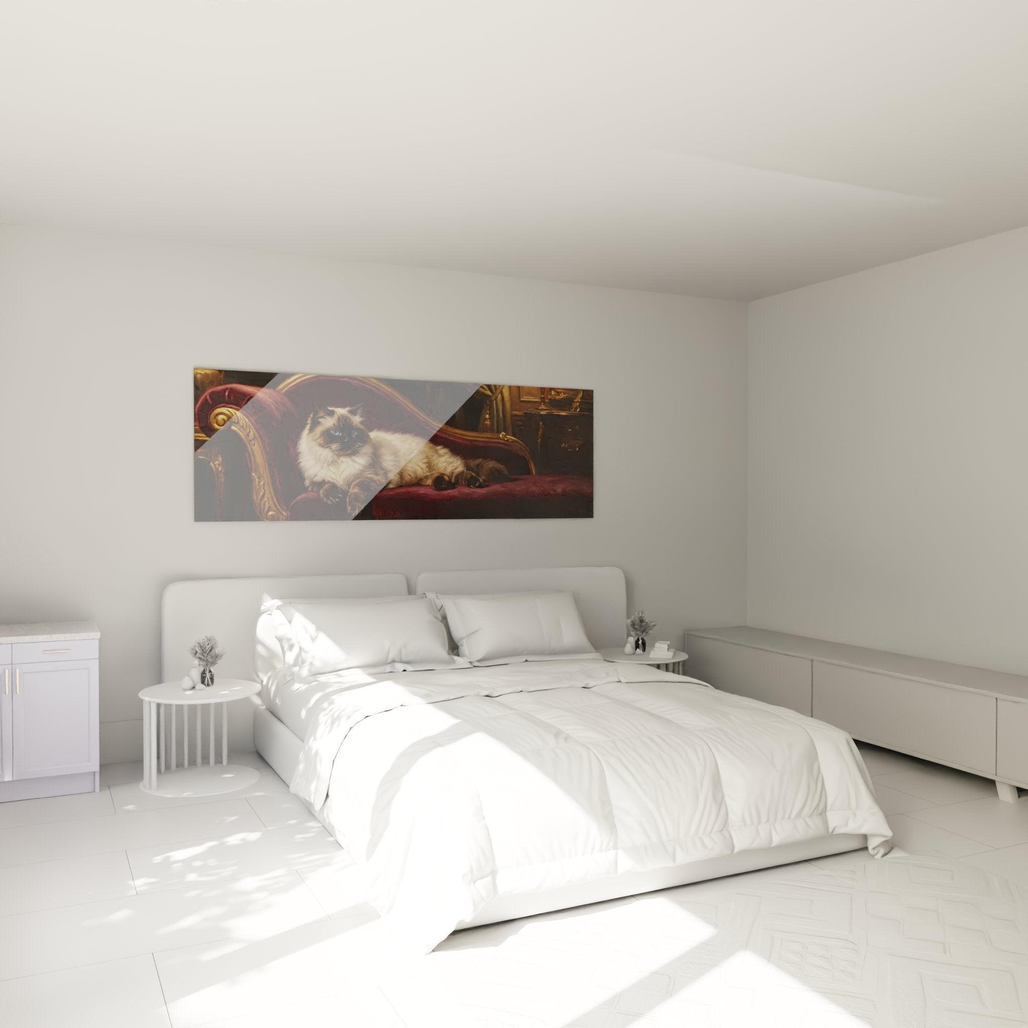 Quadro murale gatto Himalayano vittoriano in camera moderna, decorazione murale elegante tonalità bordeaux e oro