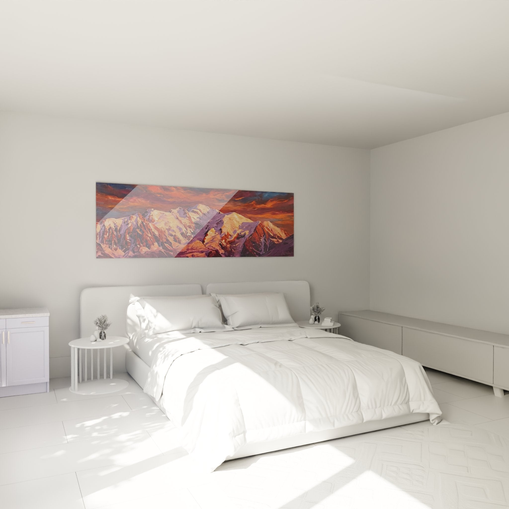 Mountain wall art in bedroom with warm ambiance golden light alpine peaks modern interior decoration