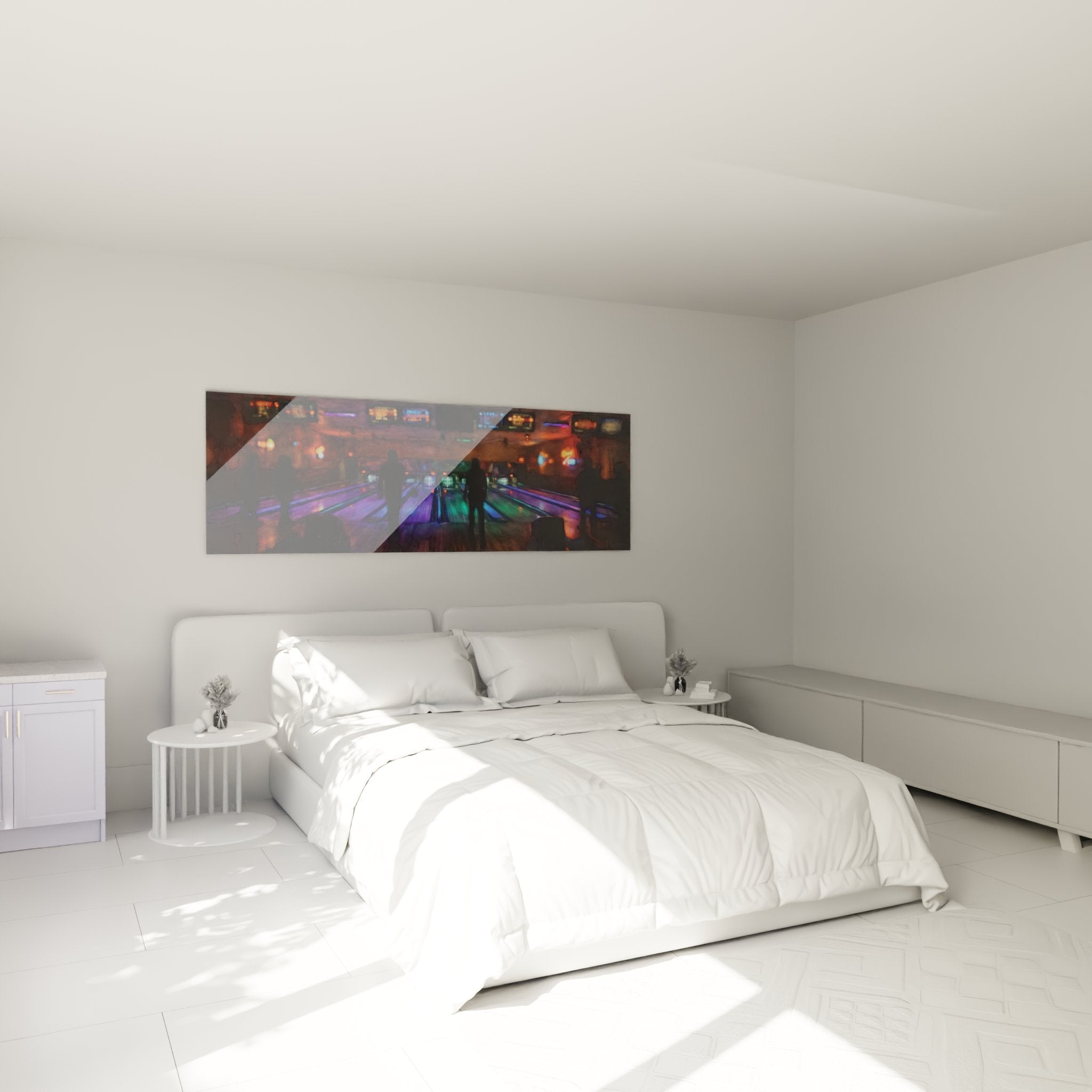 Bowling night wall art displayed in modern bedroom, soft lighting and contemporary decor