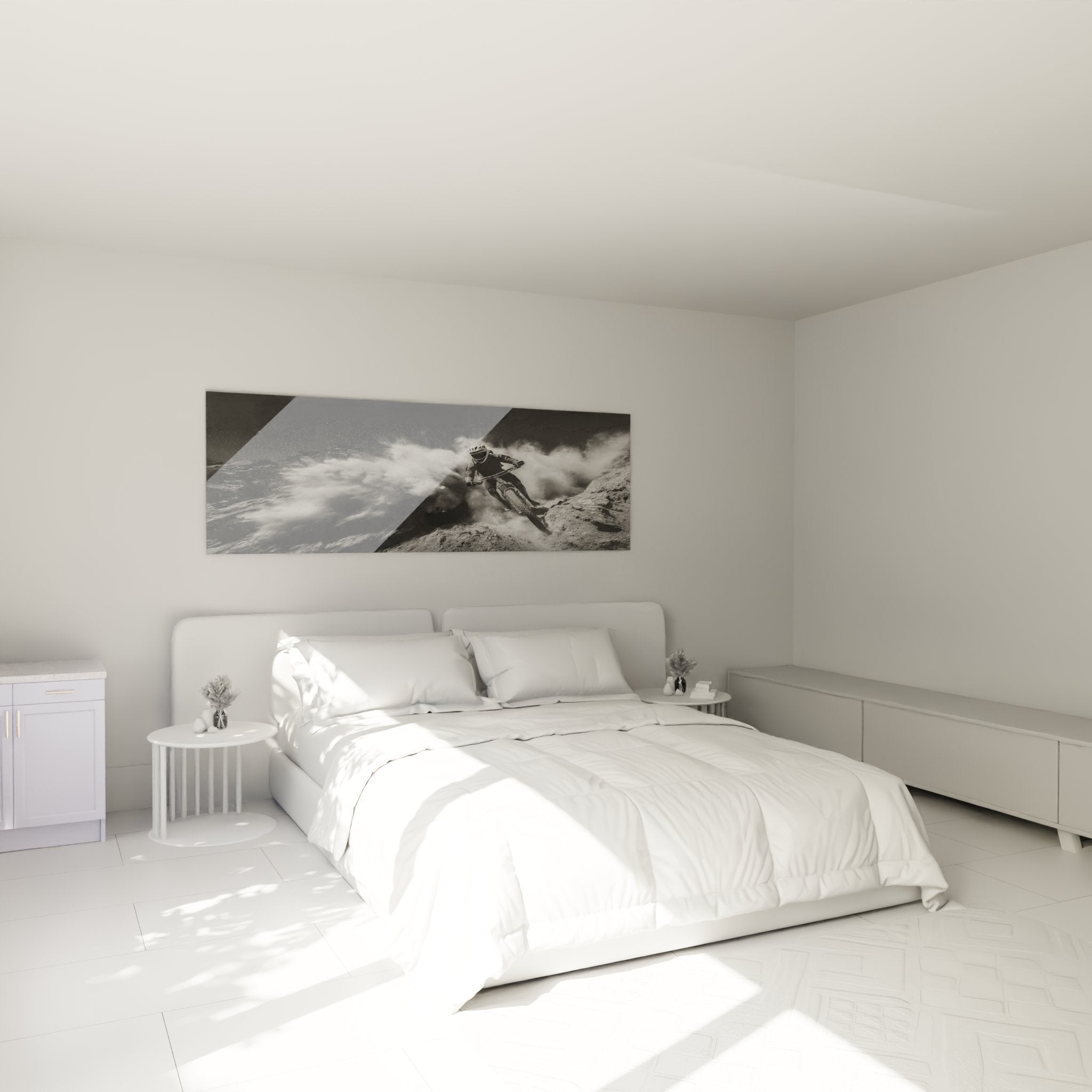 Tableau VTT descente extreme accroche dans une chambre moderne avec decoration sportive contemporaine