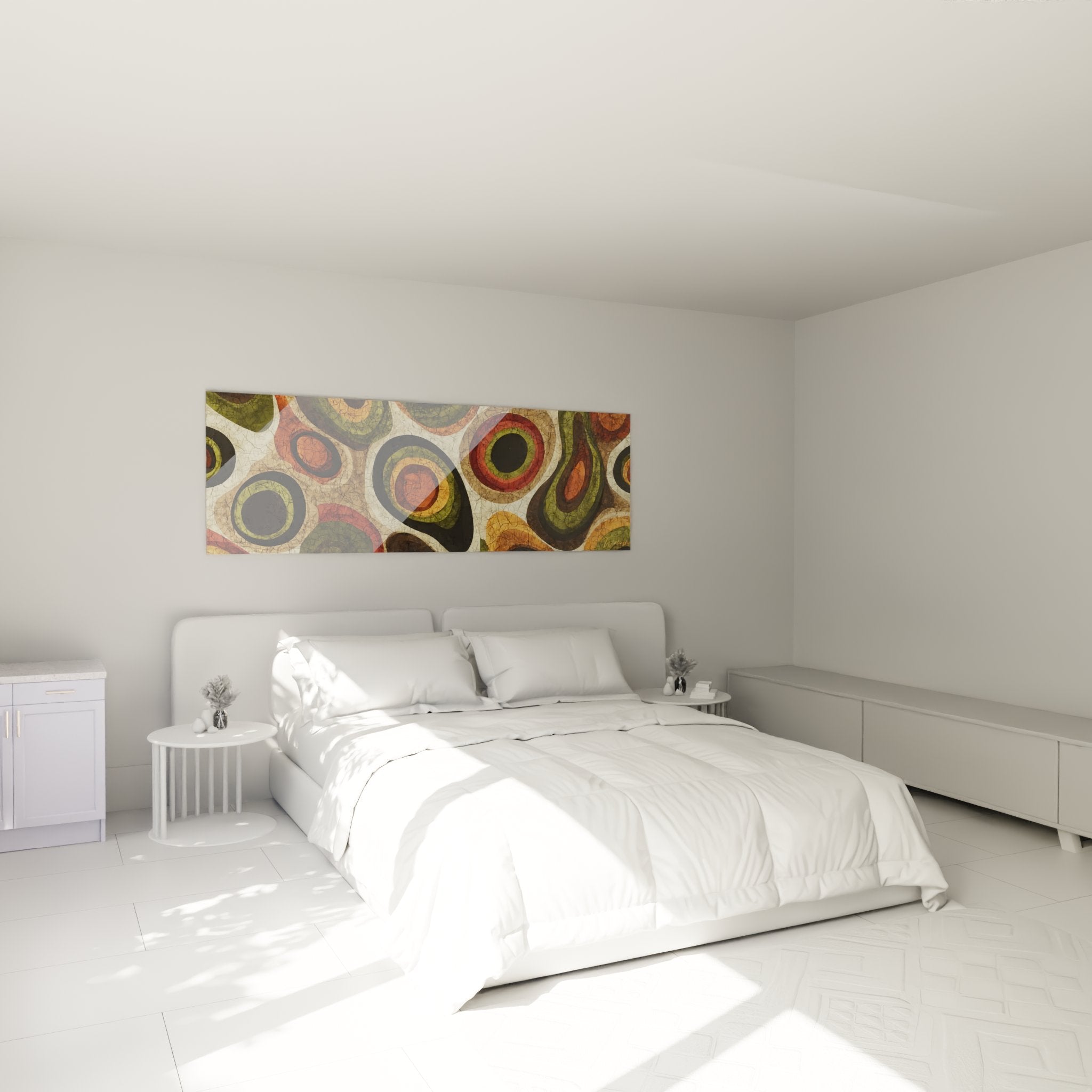 Abstract African circles artwork elegantly decorating a modern bedroom with natural tones