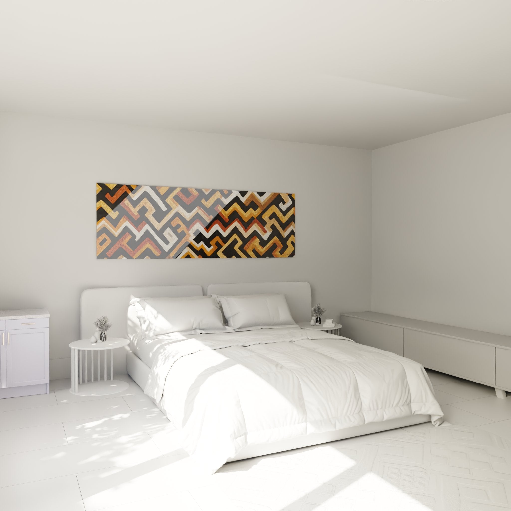 Quadro motivi africani geometrici dorati appeso alla parete di una camera da letto, decorazione etnica contemporanea