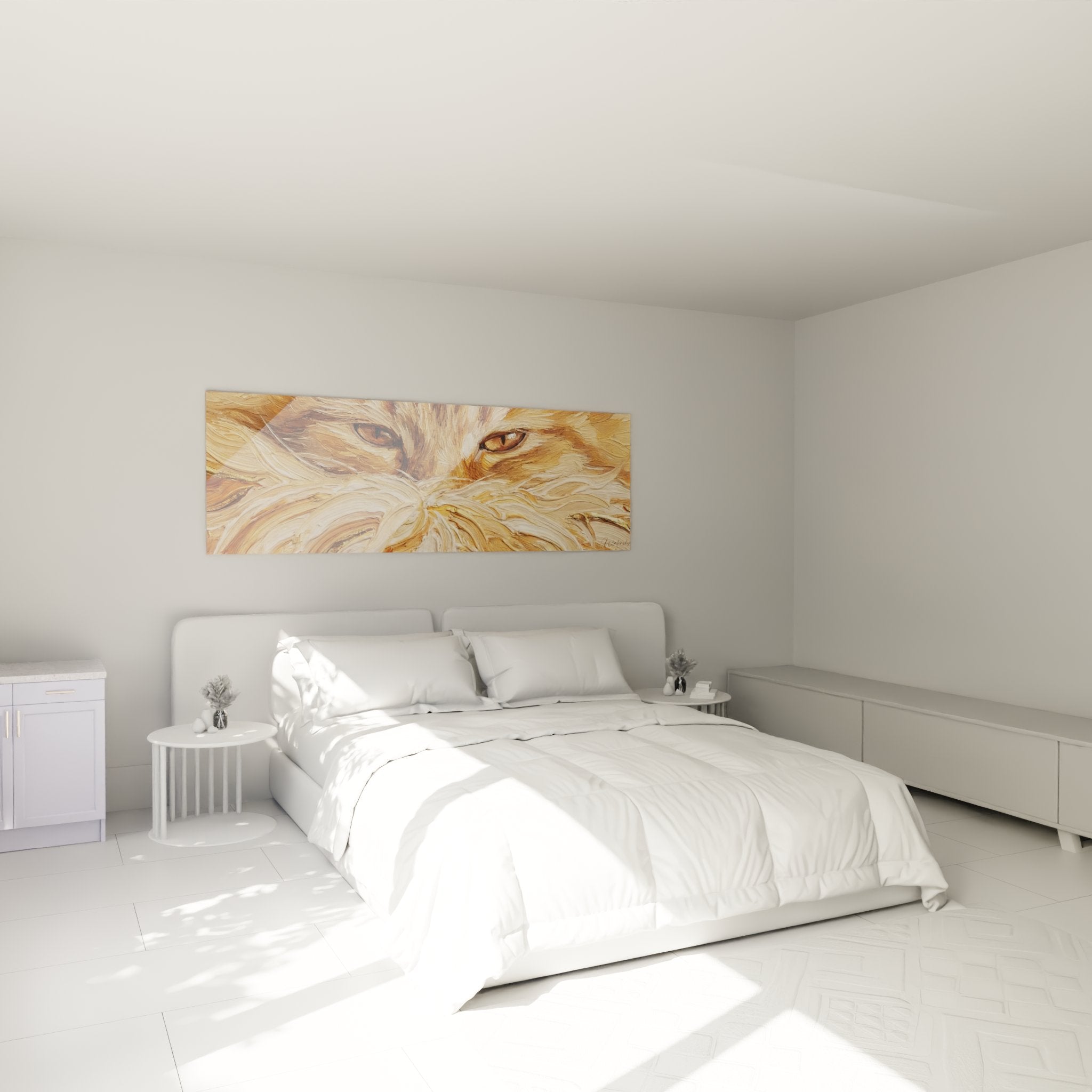 Golden cat eyes wall art installed in modern bedroom, elegant ragamuffin artistic mural decoration