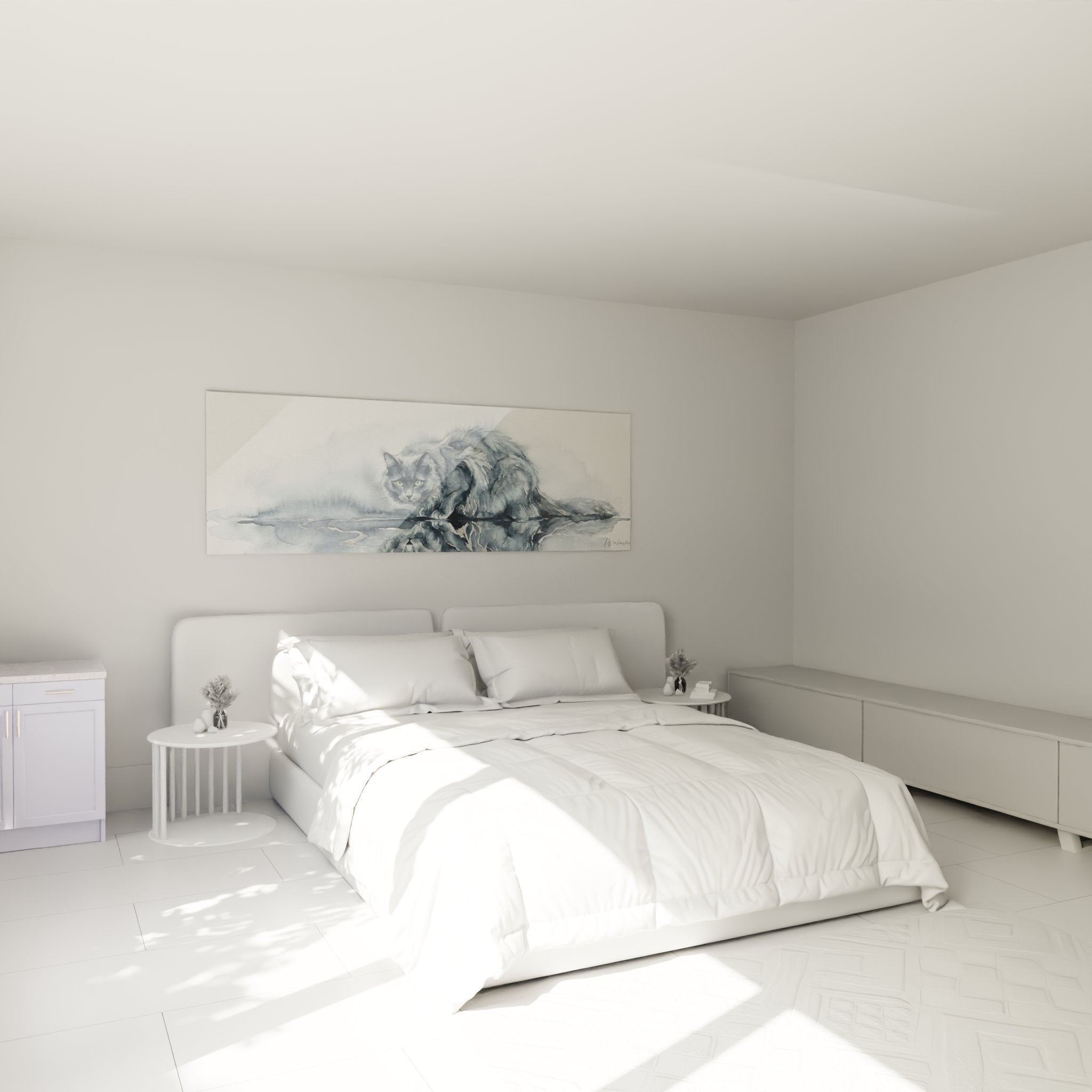 Decorazione camera quadro gatto Nebelung acquerello atmosfera tranquilla arte murale sofisticata