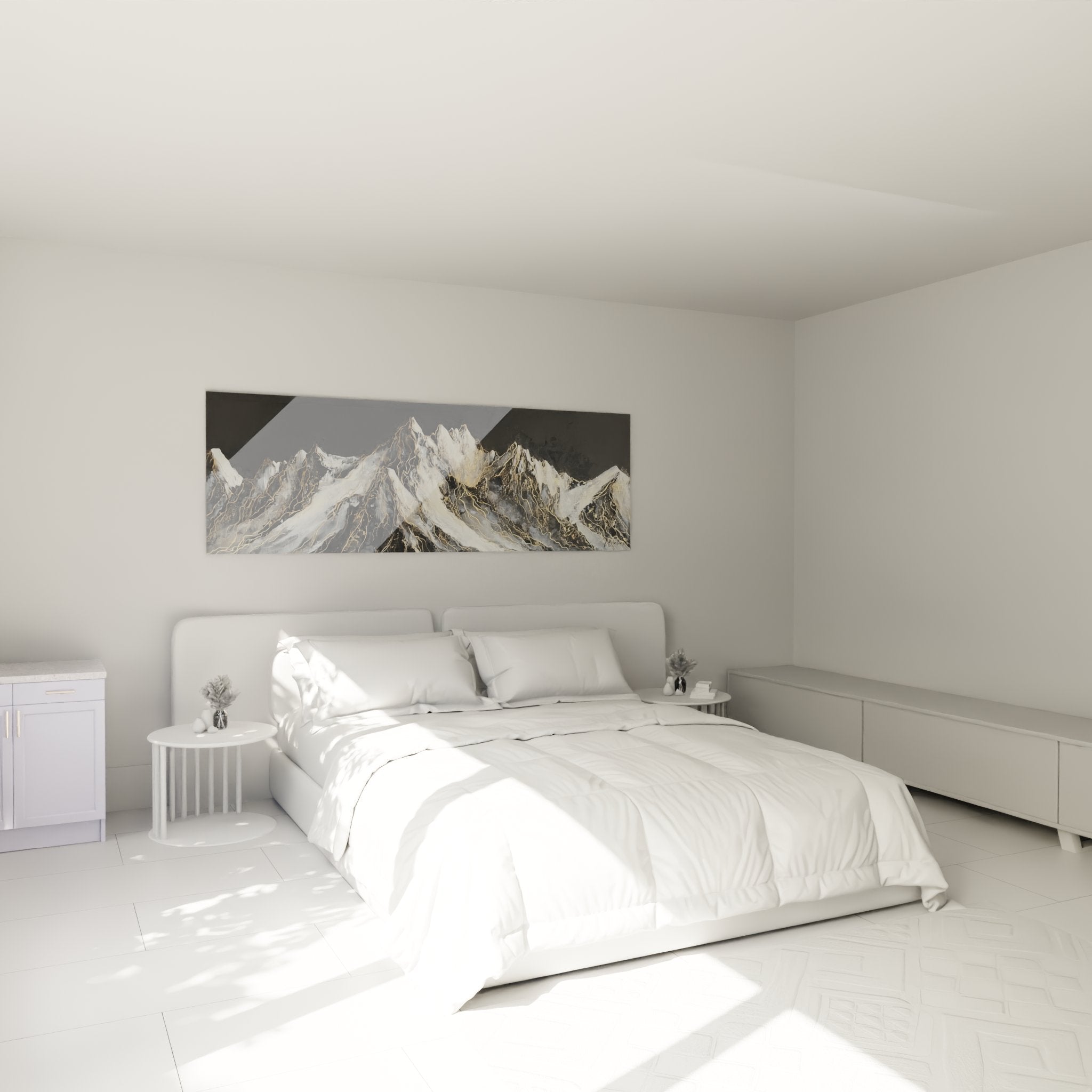Panoramic mountain wall art above bed in contemporary bedroom