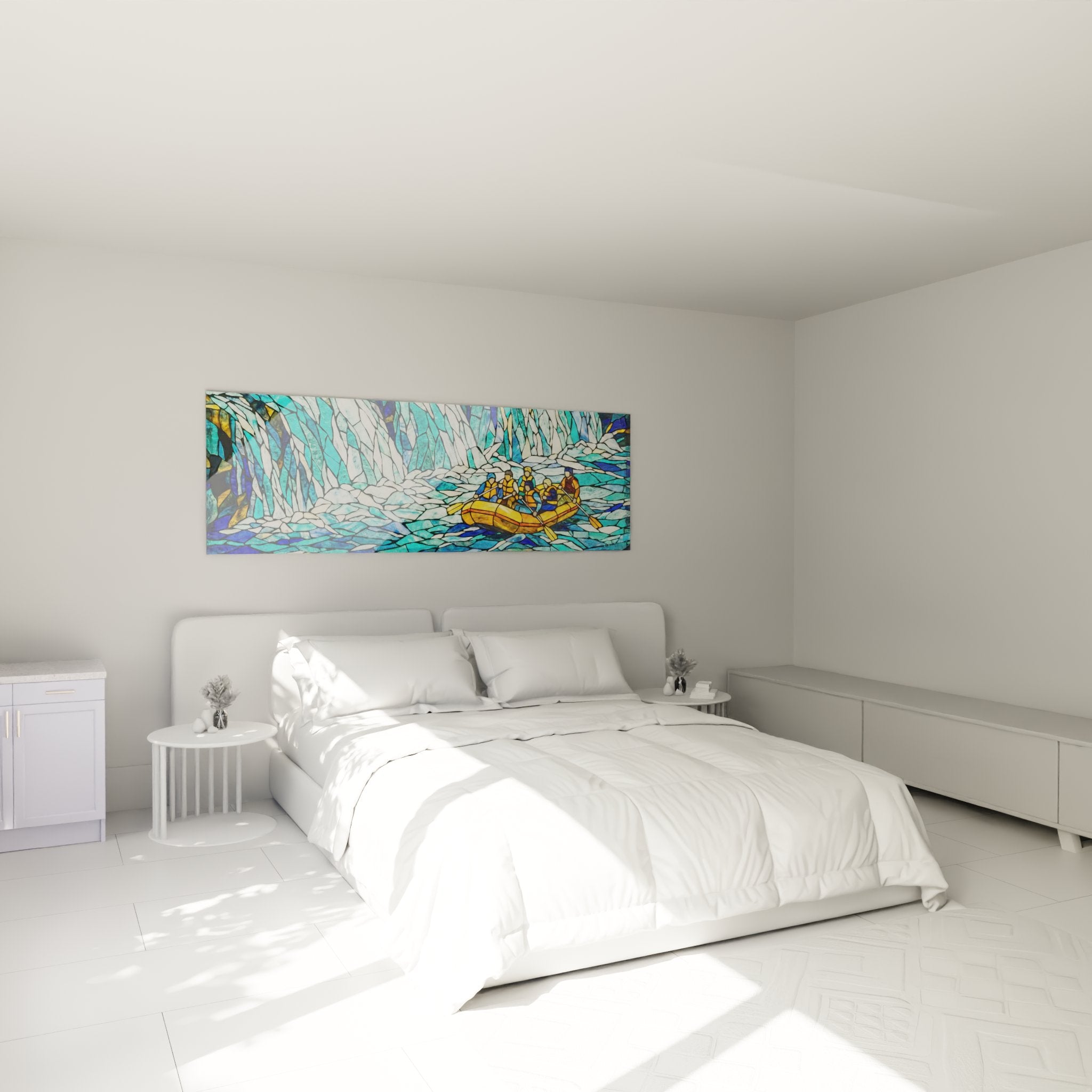 Wall art rafting stained glass in modern bedroom aquatic adventure atmosphere turquoise and gold colors