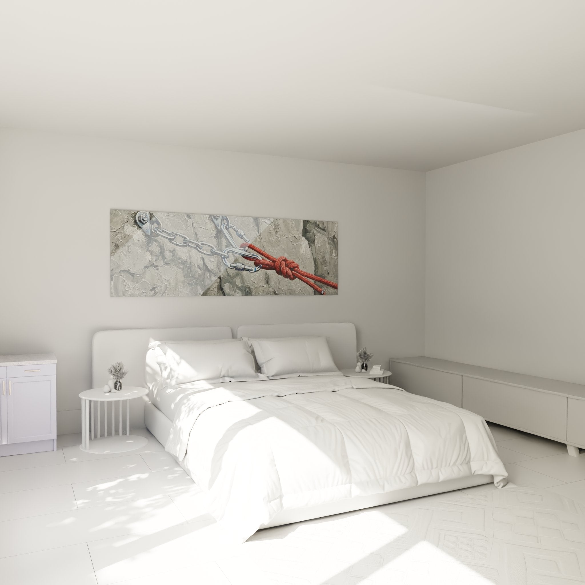 Wall decoration climbing with chain and red rope in modern bedroom, mountain atmosphere