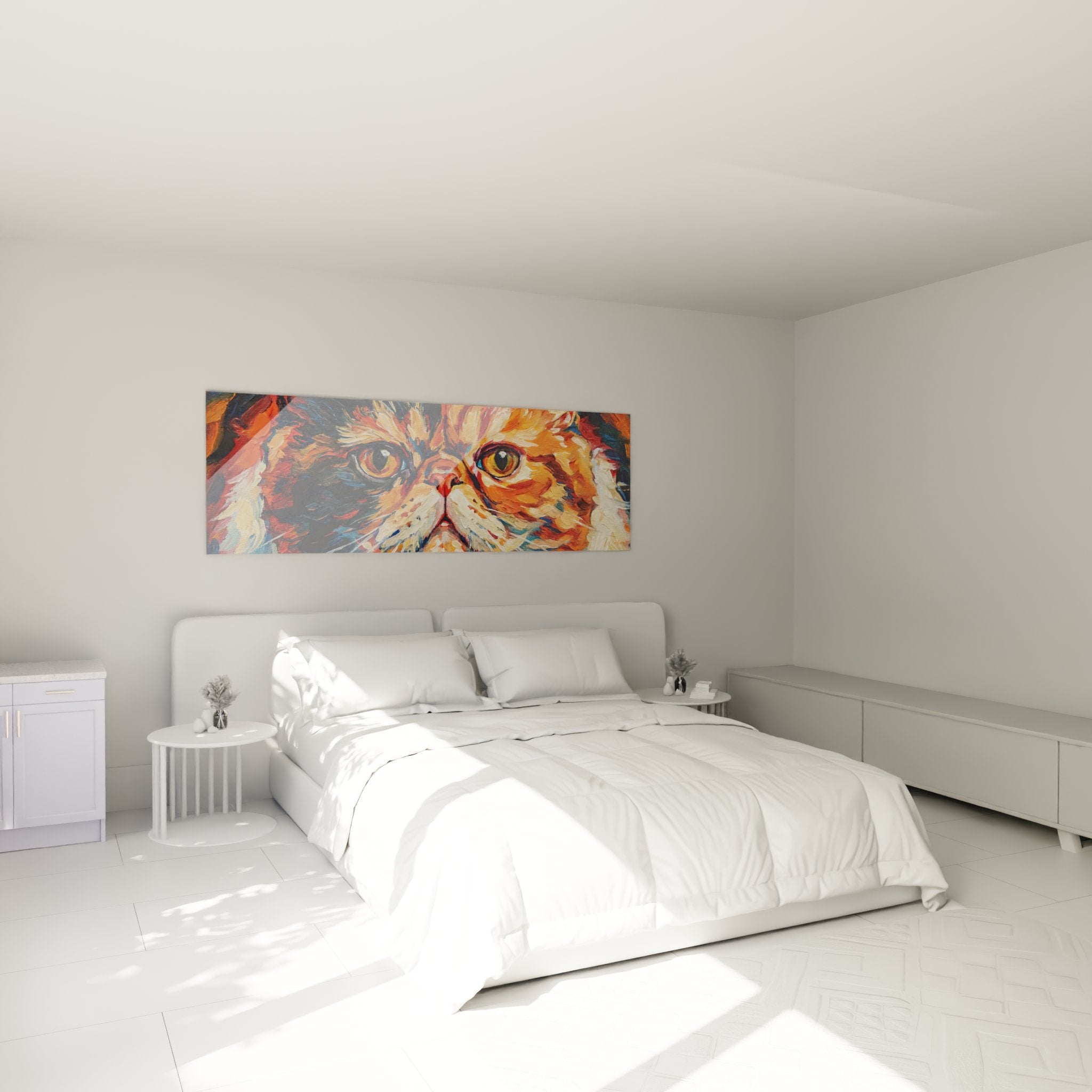 Exotic Shorthair cat painting expressionist style hung in modern bedroom, colorful artistic wall decoration