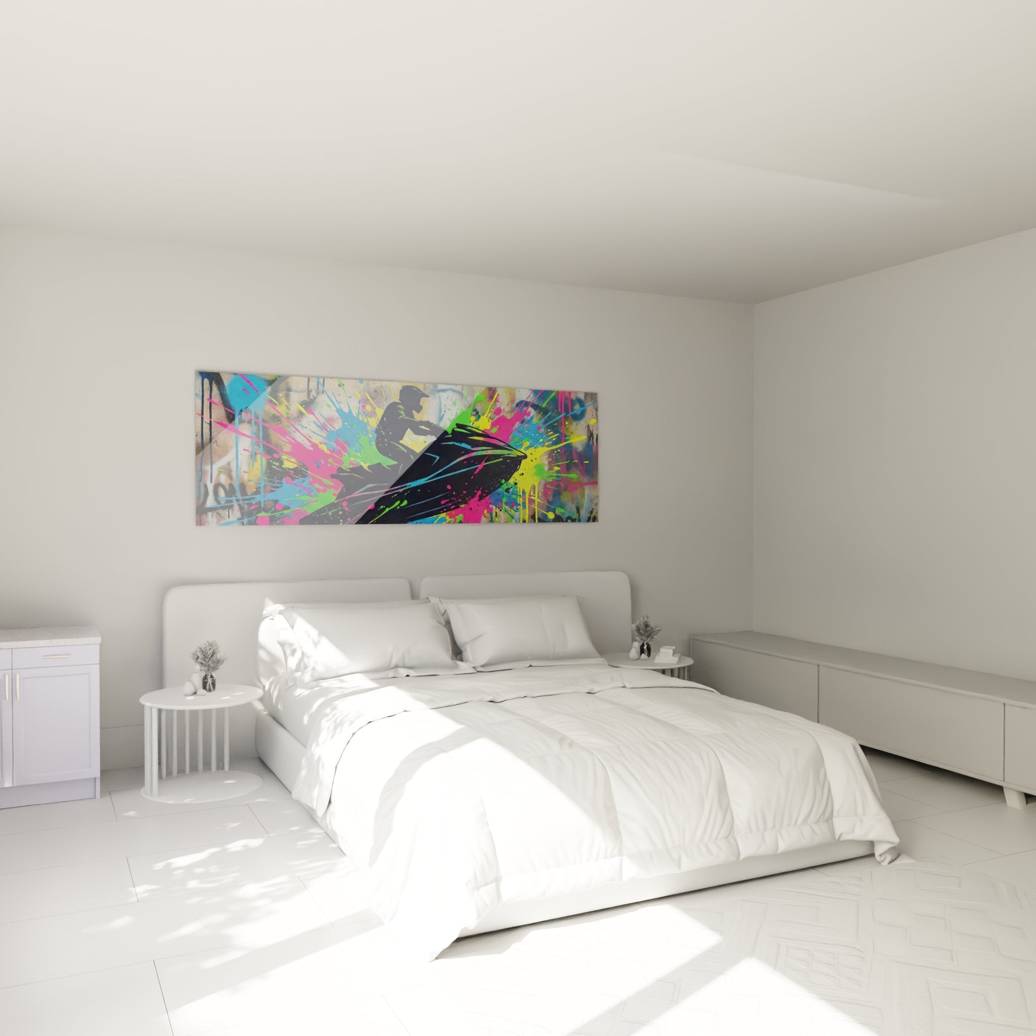 Tableau jetski graffiti moderne installé dans une chambre contemporaine avec décoration urbaine