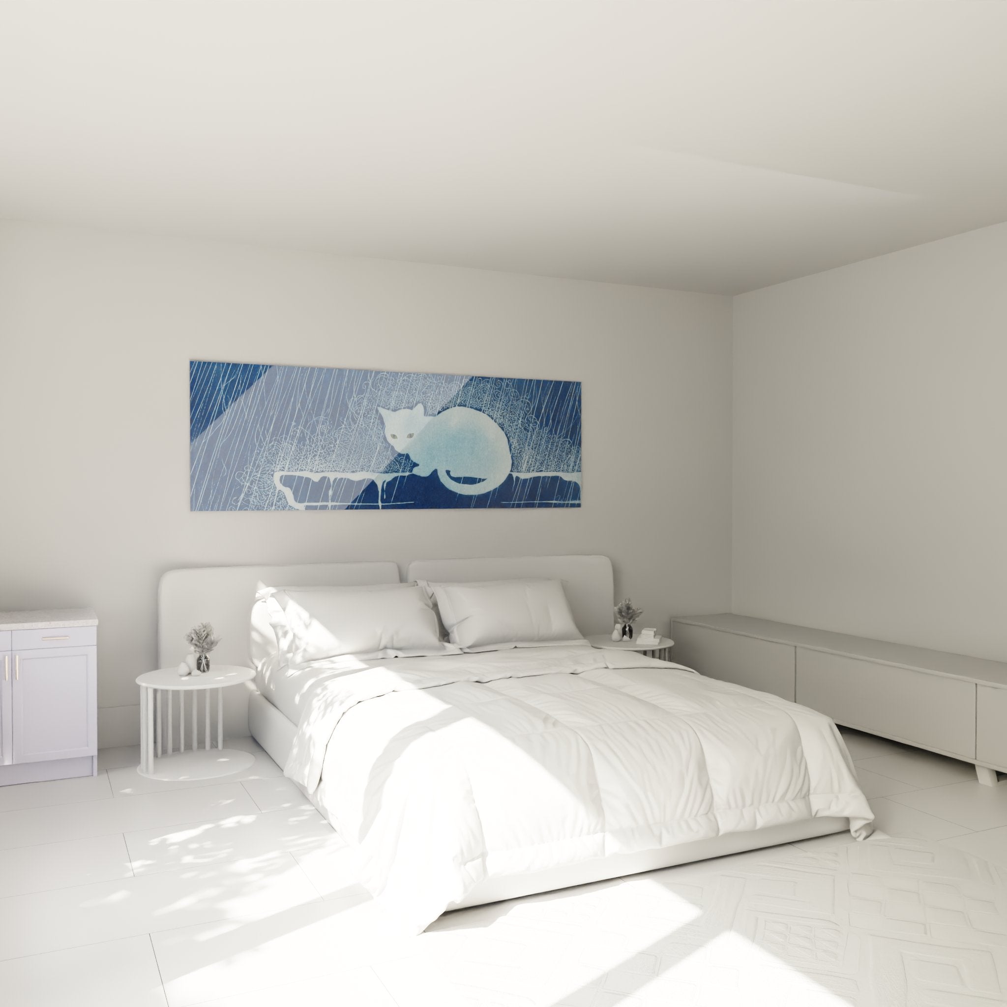 Decoration chambre avec tableau chat sous pluie bleue, ambiance zen et relaxante pour espace nuit